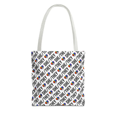 She/They Pride Pattern Tote Bag | All-Over Print Pronoun Carryall