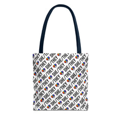 She/They Pride Pattern Tote Bag | All-Over Print Pronoun Carryall