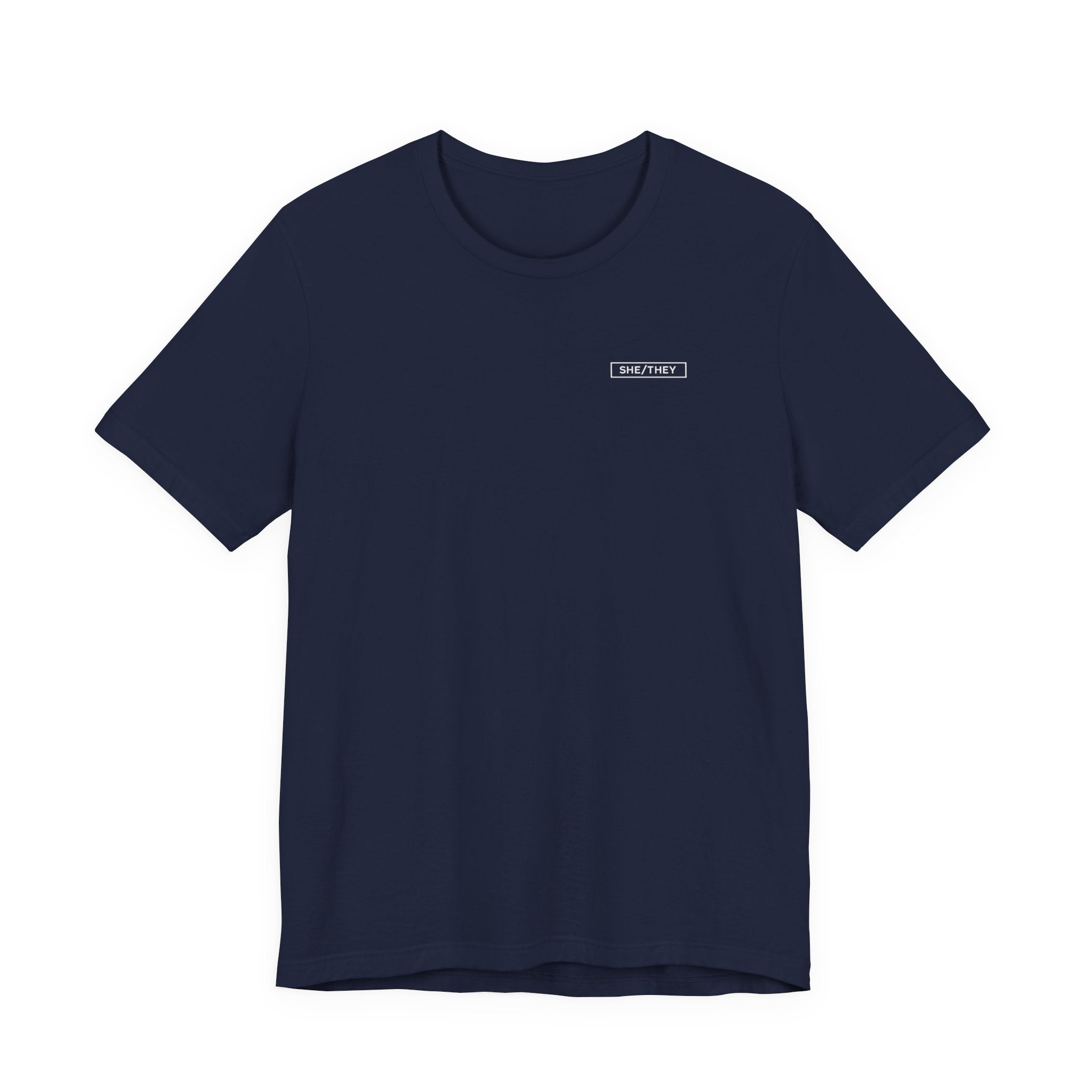 She/They Pronoun T-Shirt – Minimalist Chest Graphic Tee