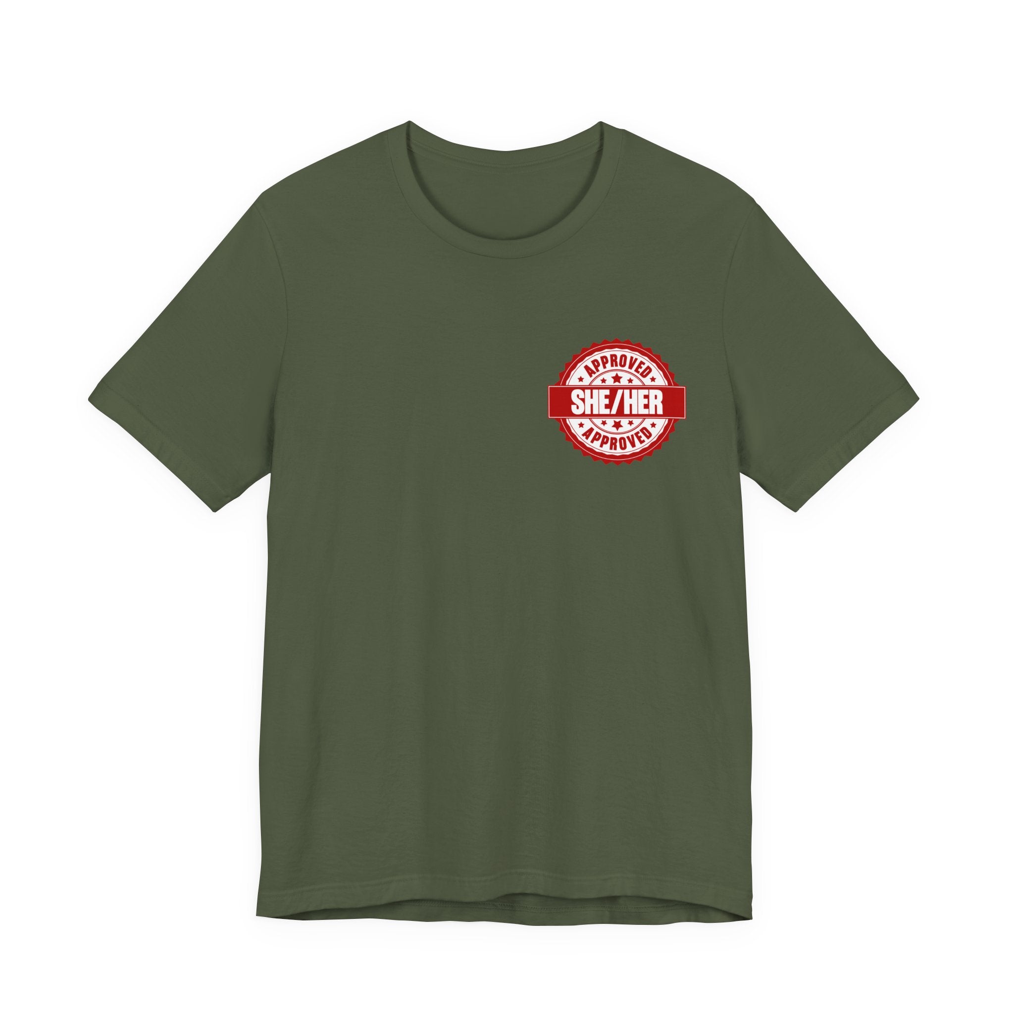 She/Her Approved Stamp T-Shirt | Bella+Canvas 3001 Pronoun Graphic Tee