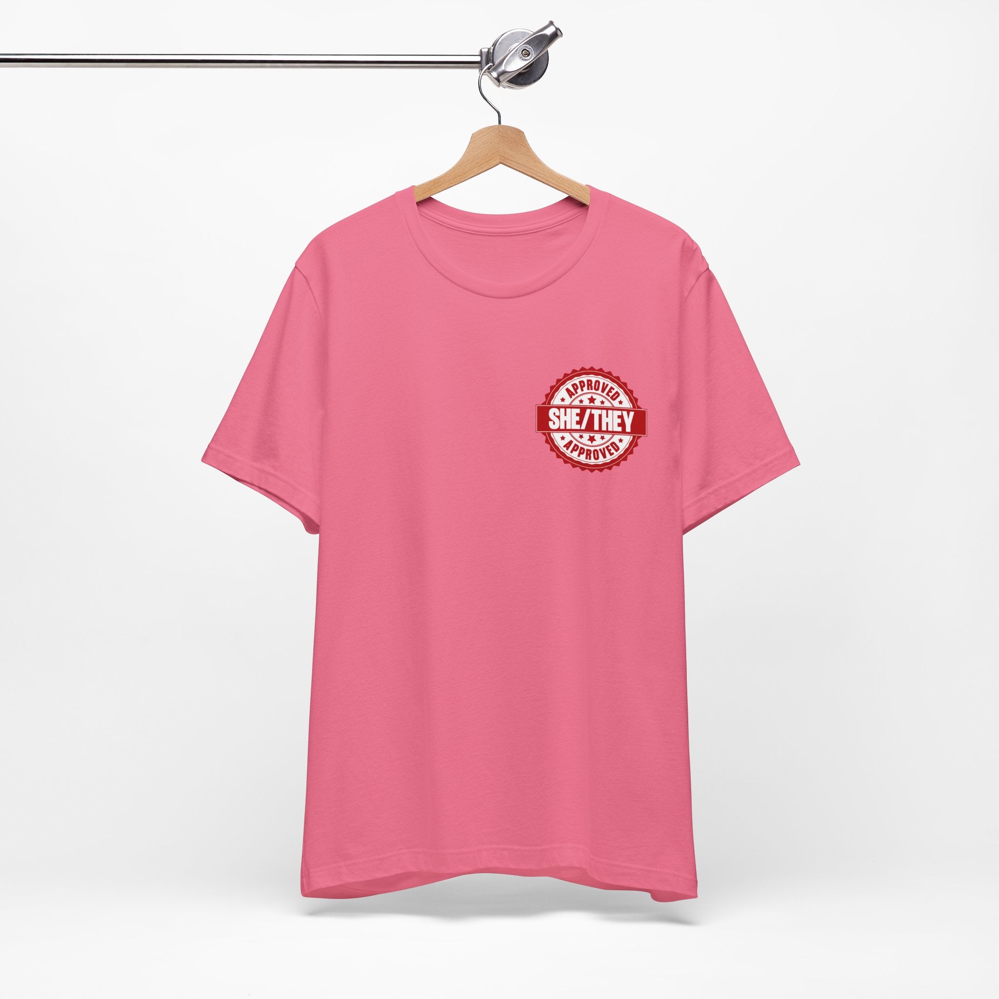 She/They Approved Stamp T-Shirt | Bella+Canvas 3001 Pronoun Graphic Tee