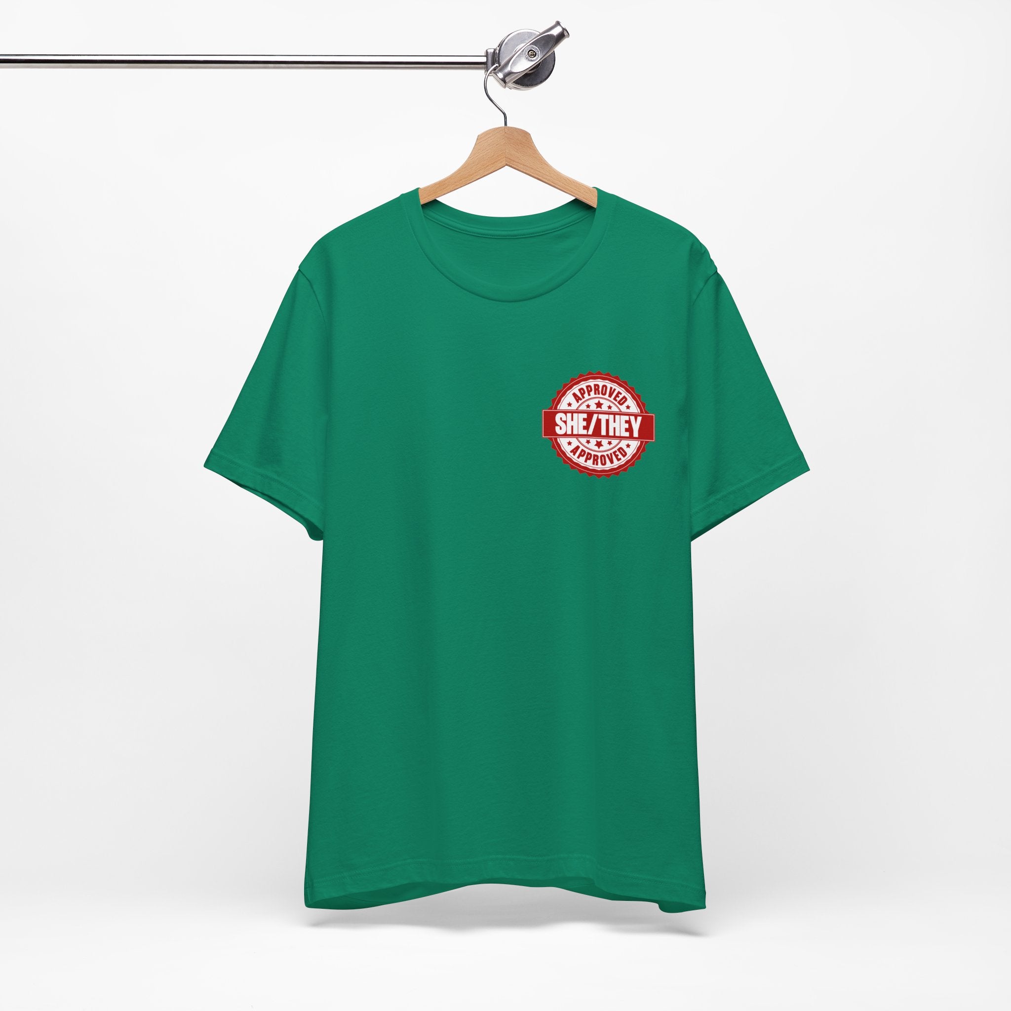 She/They Approved Stamp T-Shirt | Bella+Canvas 3001 Pronoun Graphic Tee
