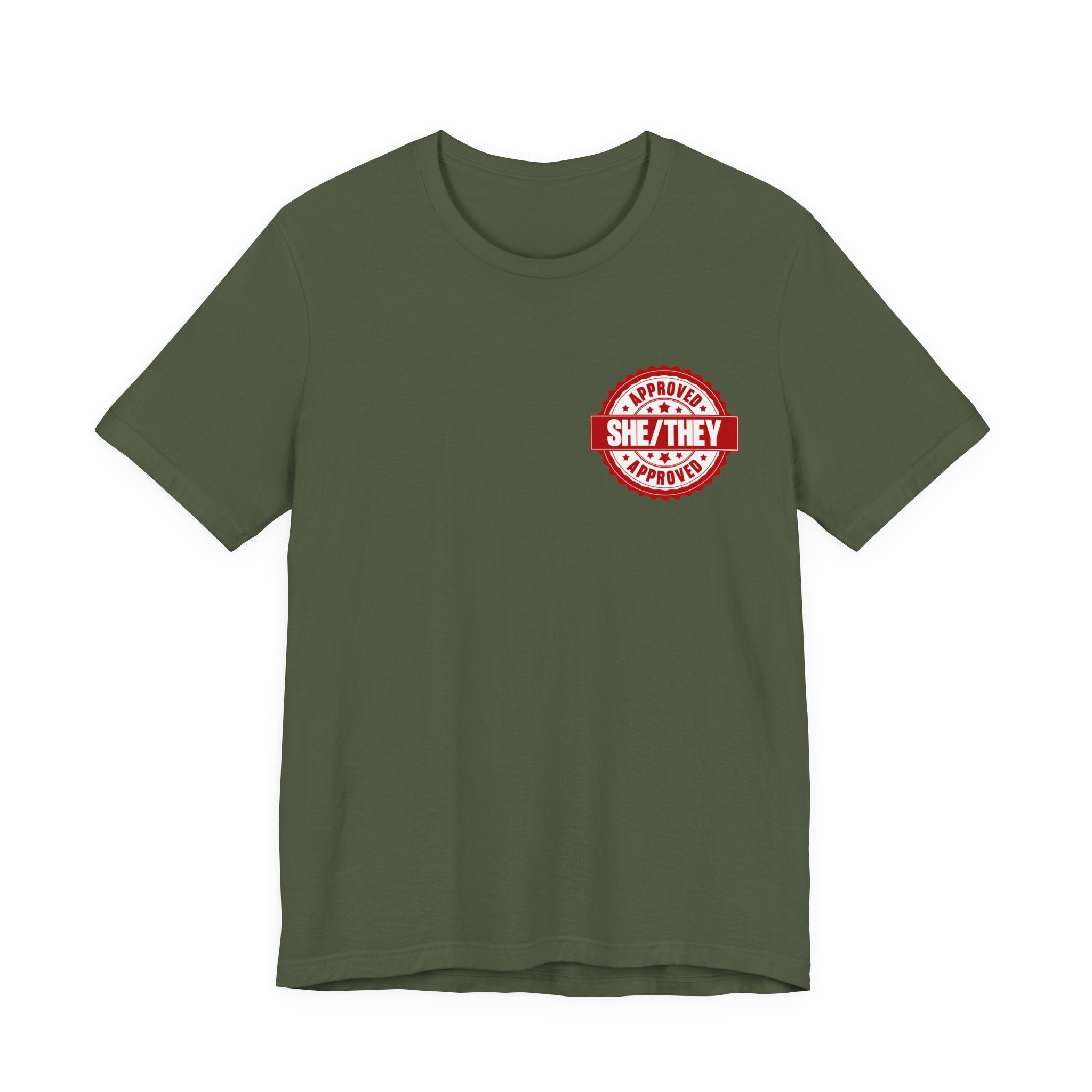She/They Approved Stamp T-Shirt | Bella+Canvas 3001 Pronoun Graphic Tee