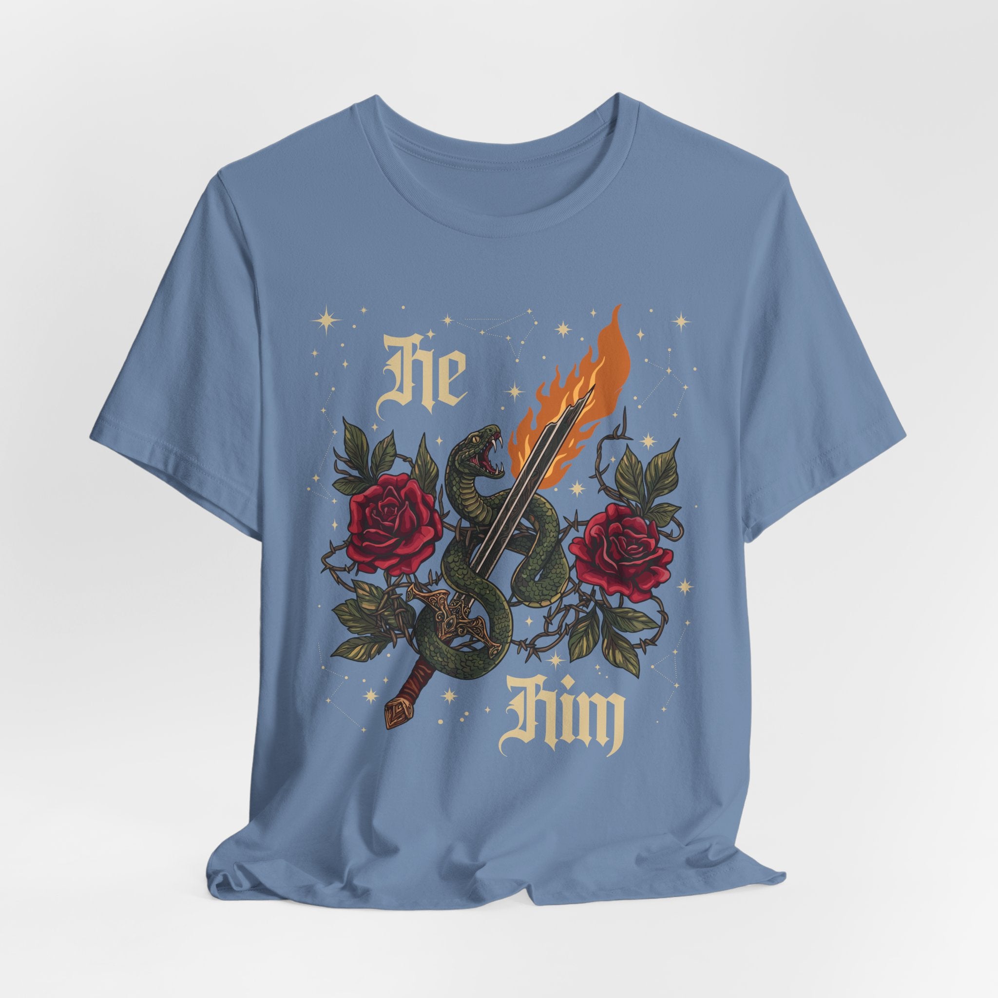 He/Him Gothic Tattoo T-Shirt | Bella+Canvas 3001 Pronoun Graphic Tee