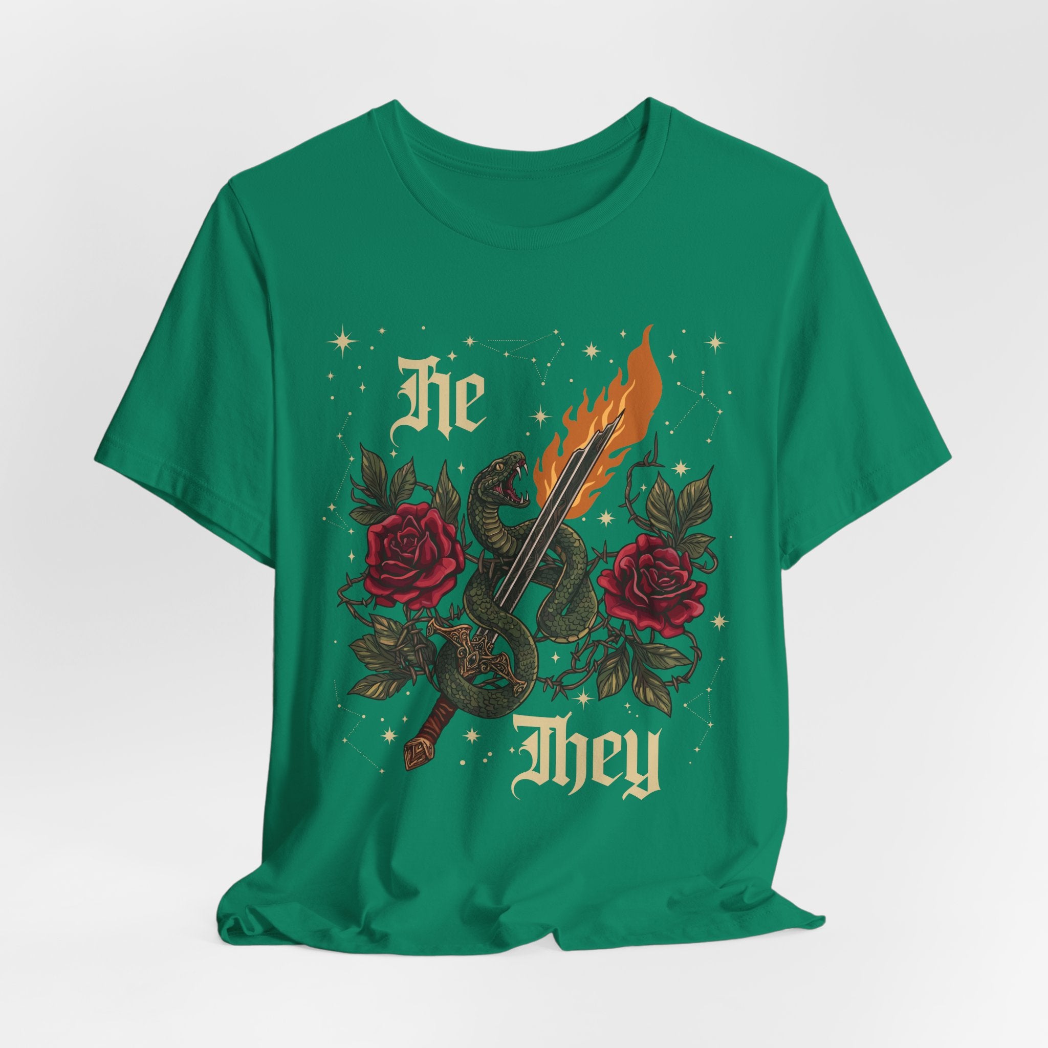 He/They Gothic Tattoo T-Shirt | Bella+Canvas 3001 Pronoun Graphic Tee