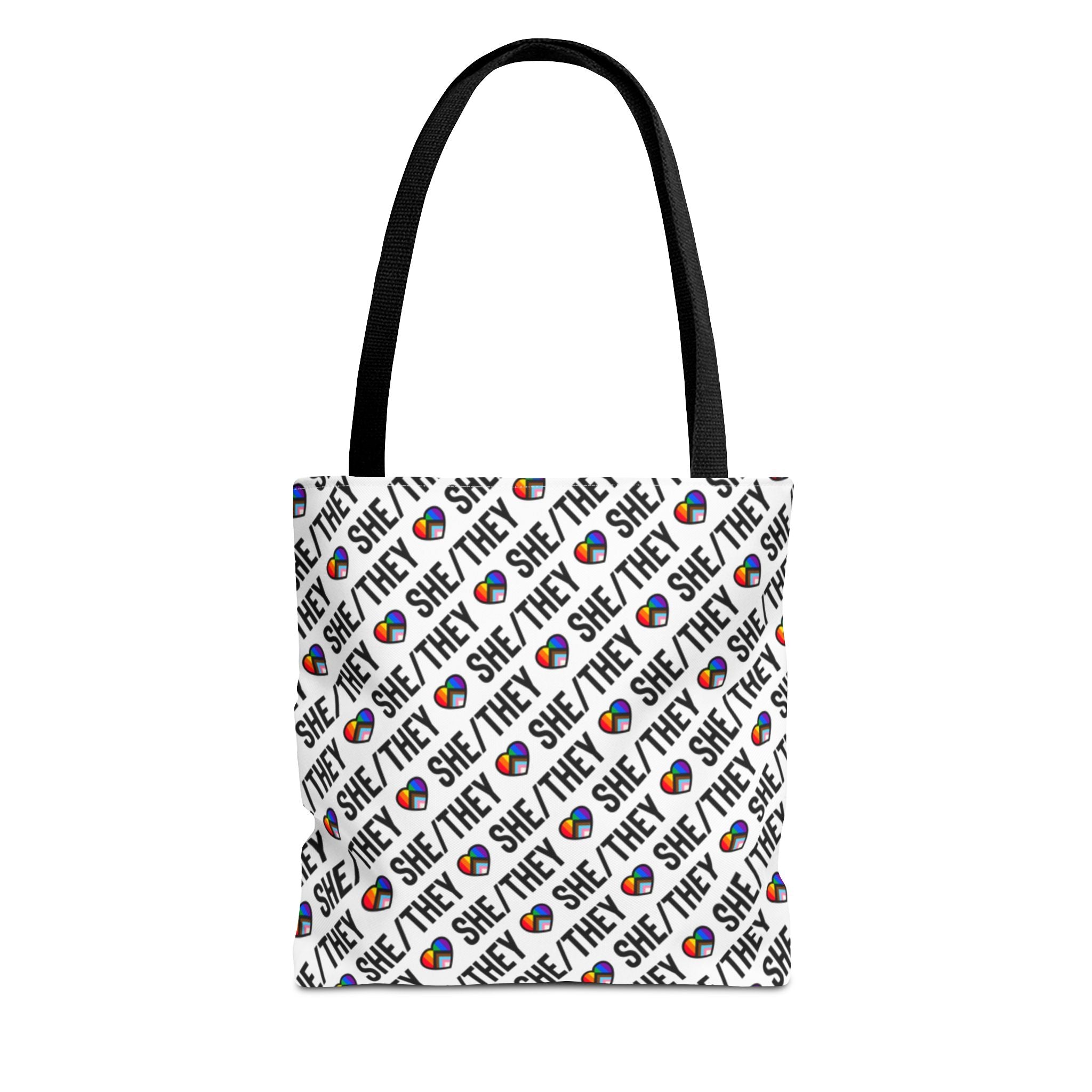 She/They Pride Pattern Tote Bag | All-Over Print Pronoun Carryall