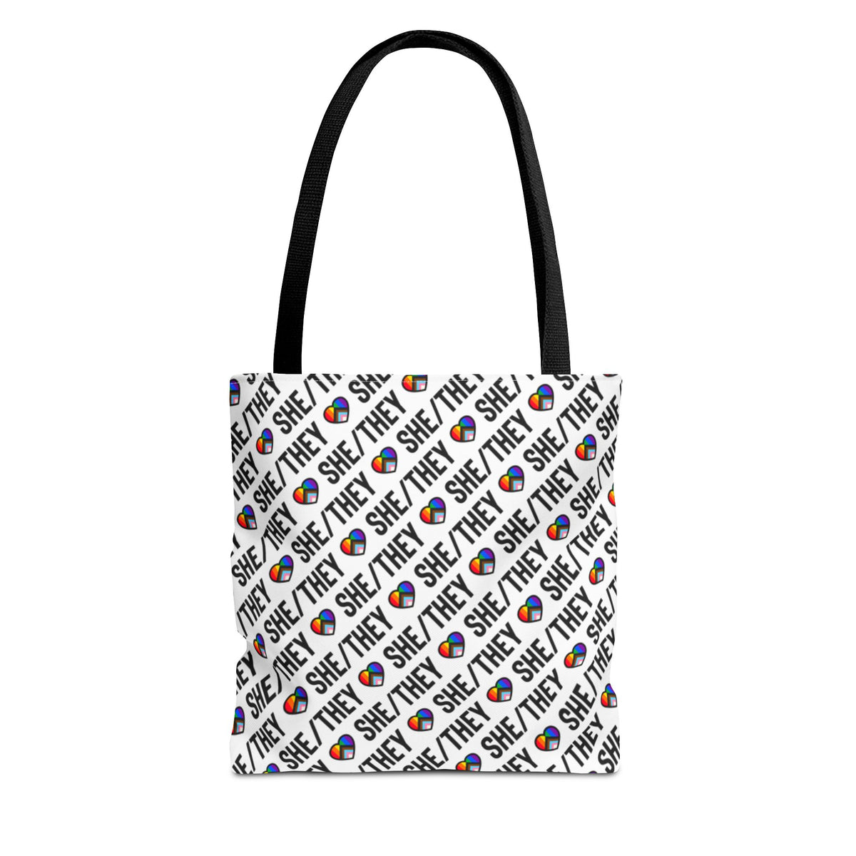 She/They Pride Pattern Tote Bag | All-Over Print Pronoun Carryall