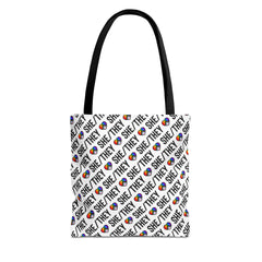 She/They Pride Pattern Tote Bag | All-Over Print Pronoun Carryall
