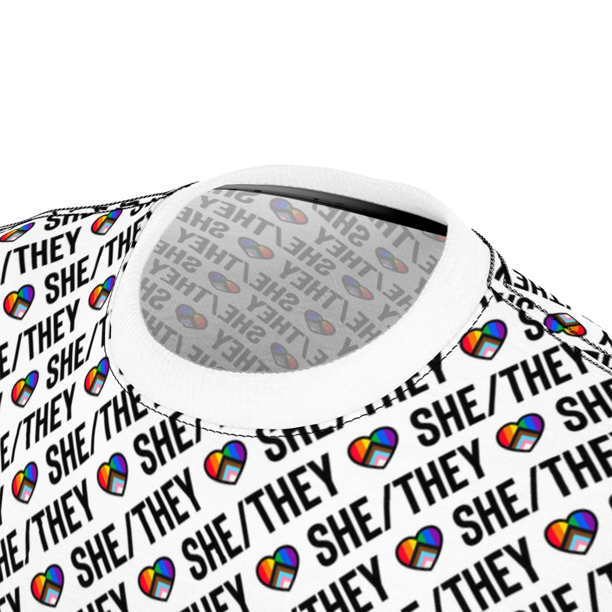 She/They Pride Pattern T-Shirt | All-Over Print Pronoun Tee