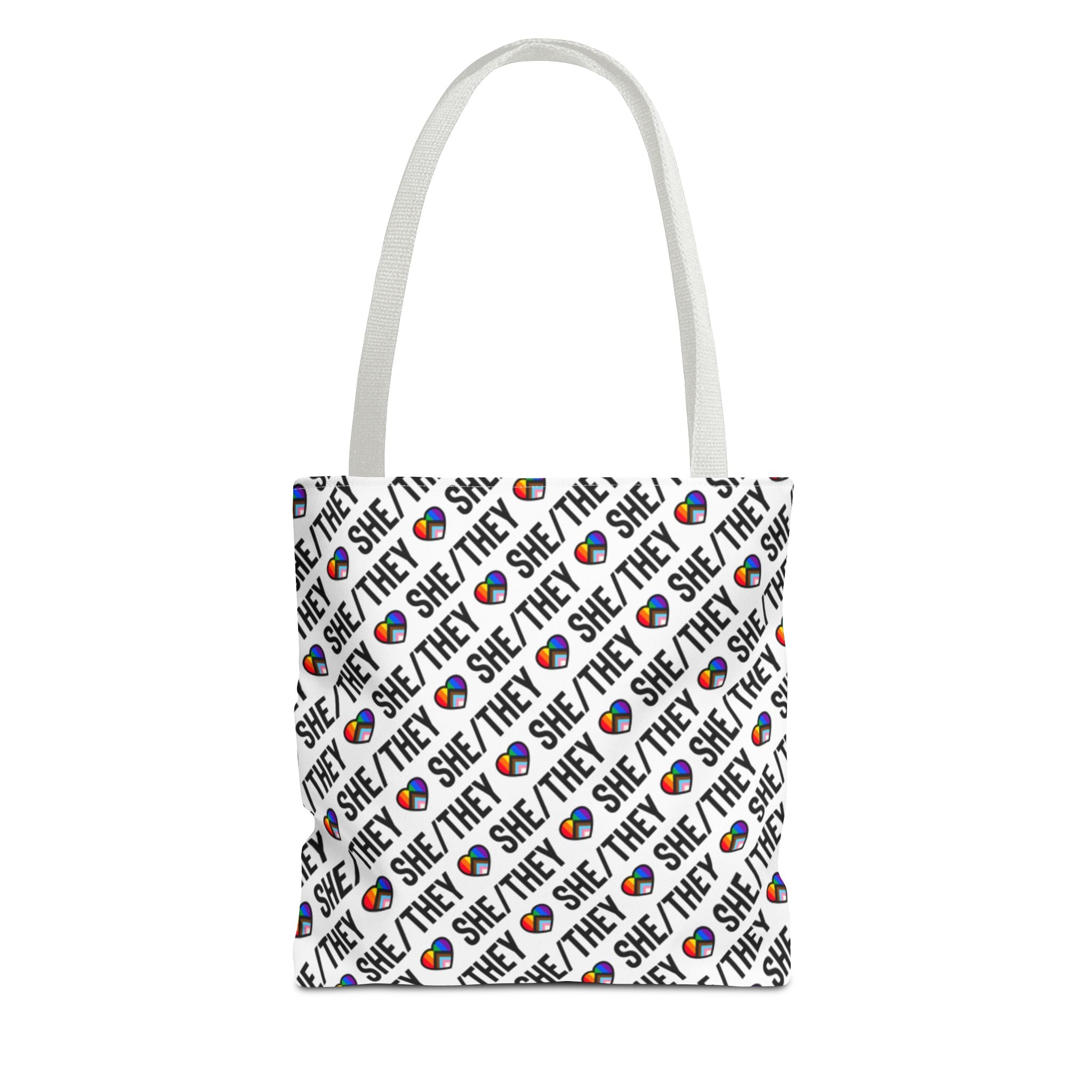 She/They Pride Pattern Tote Bag | All-Over Print Pronoun Carryall