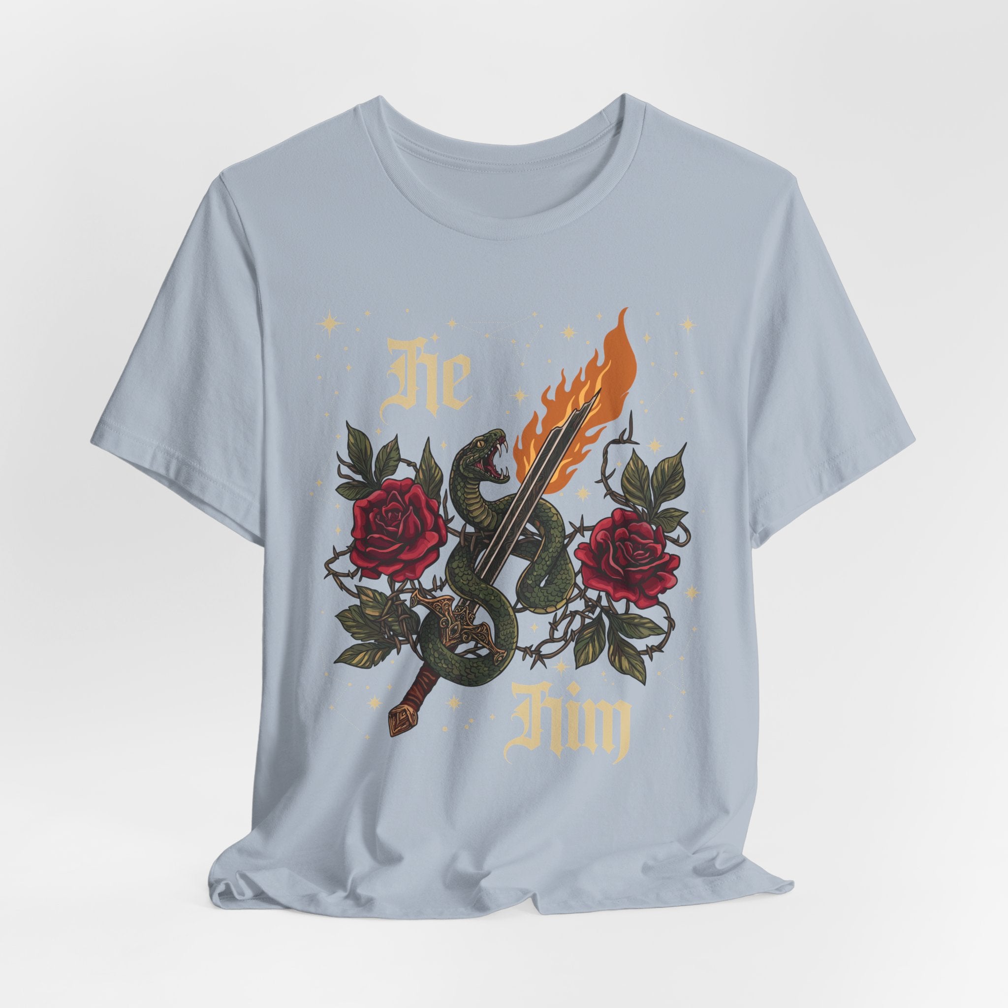 He/Him Gothic Tattoo T-Shirt | Bella+Canvas 3001 Pronoun Graphic Tee