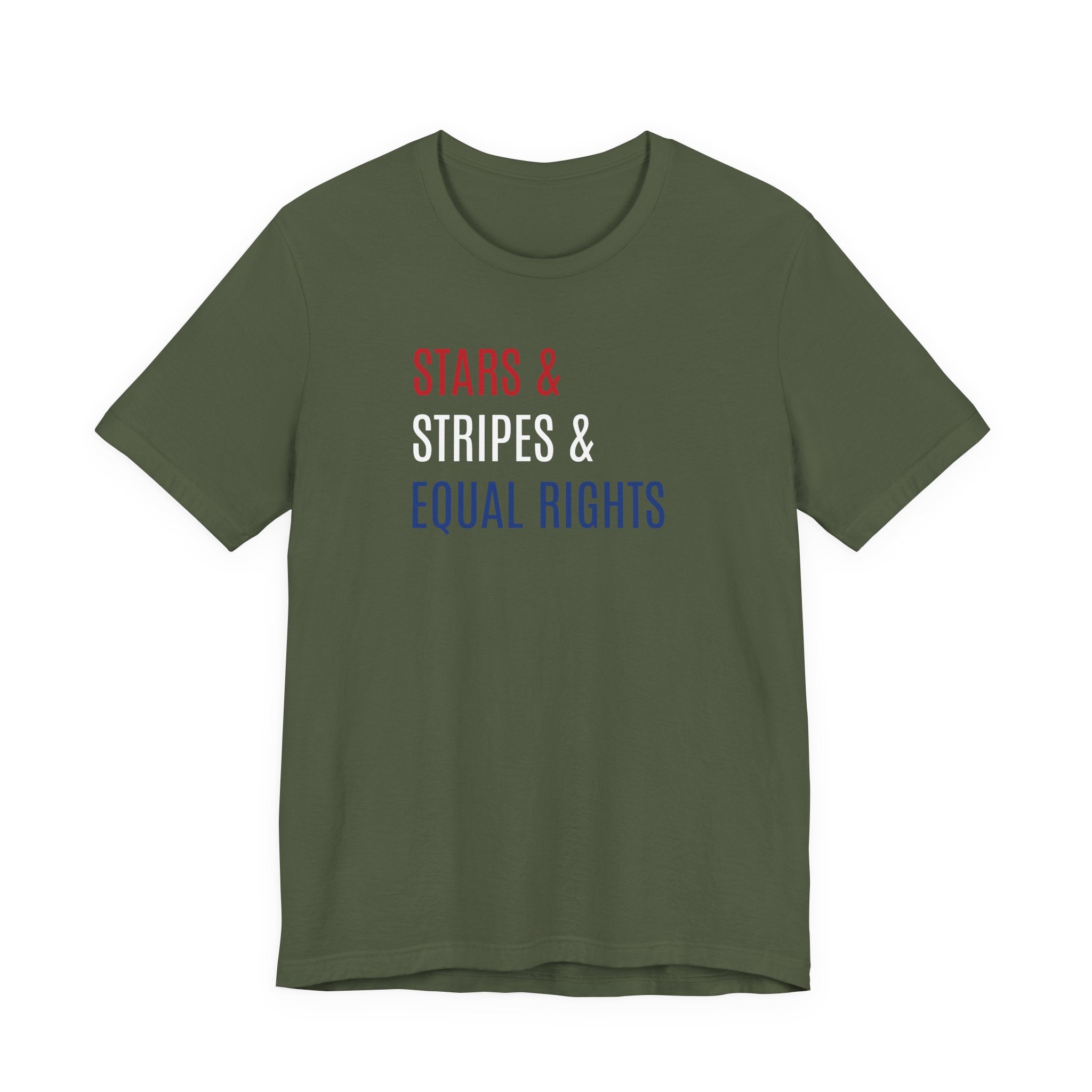 Stars, Stripes, Equal Rights T-Shirt - Red White Blue Patriotic Shirt - Progressive Politics - Women, Immigrants, BIPOC