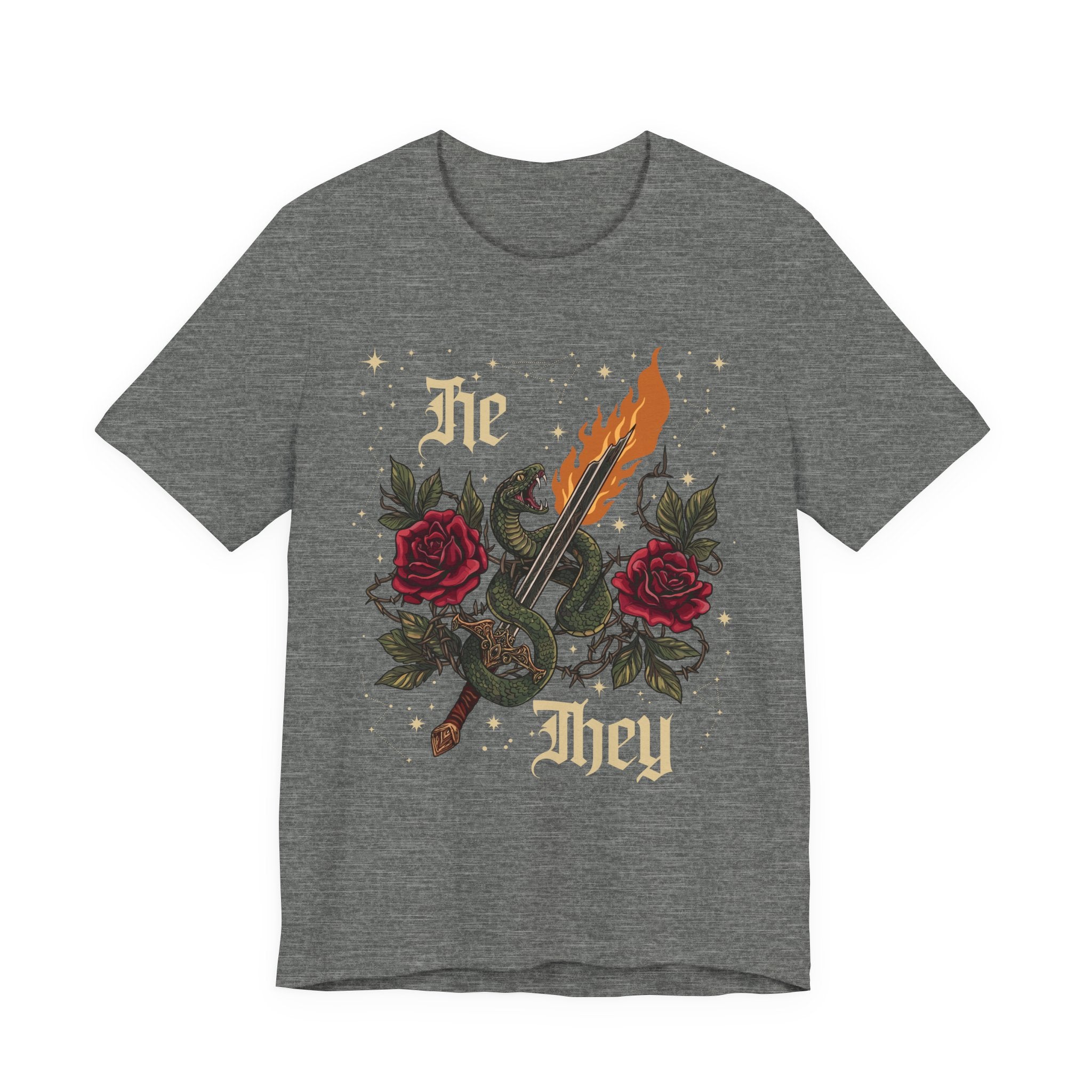 He/They Gothic Tattoo T-Shirt | Bella+Canvas 3001 Pronoun Graphic Tee