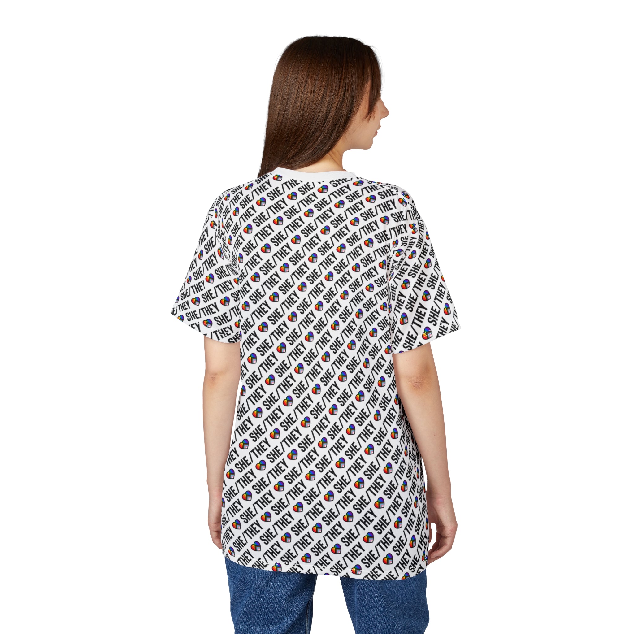 She/They Pride Pattern T-Shirt | All-Over Print Pronoun Tee