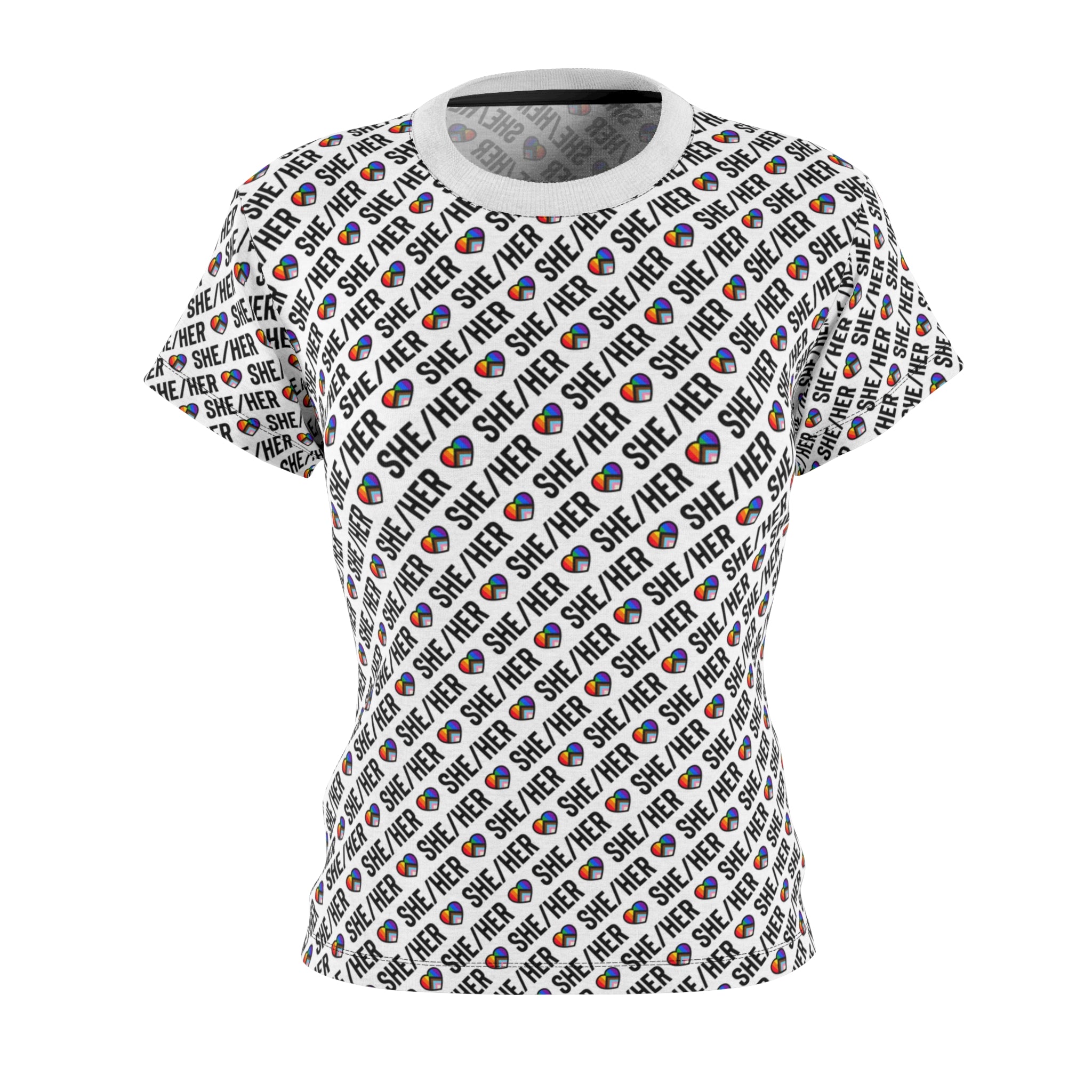 She/Her Pride Pattern Women’s T-Shirt | All-Over Print Pronoun Tee
