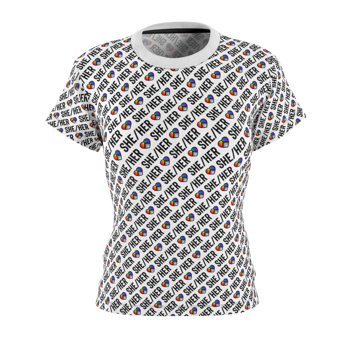 She/Her Pride Pattern Women’s T-Shirt | All-Over Print Pronoun Tee