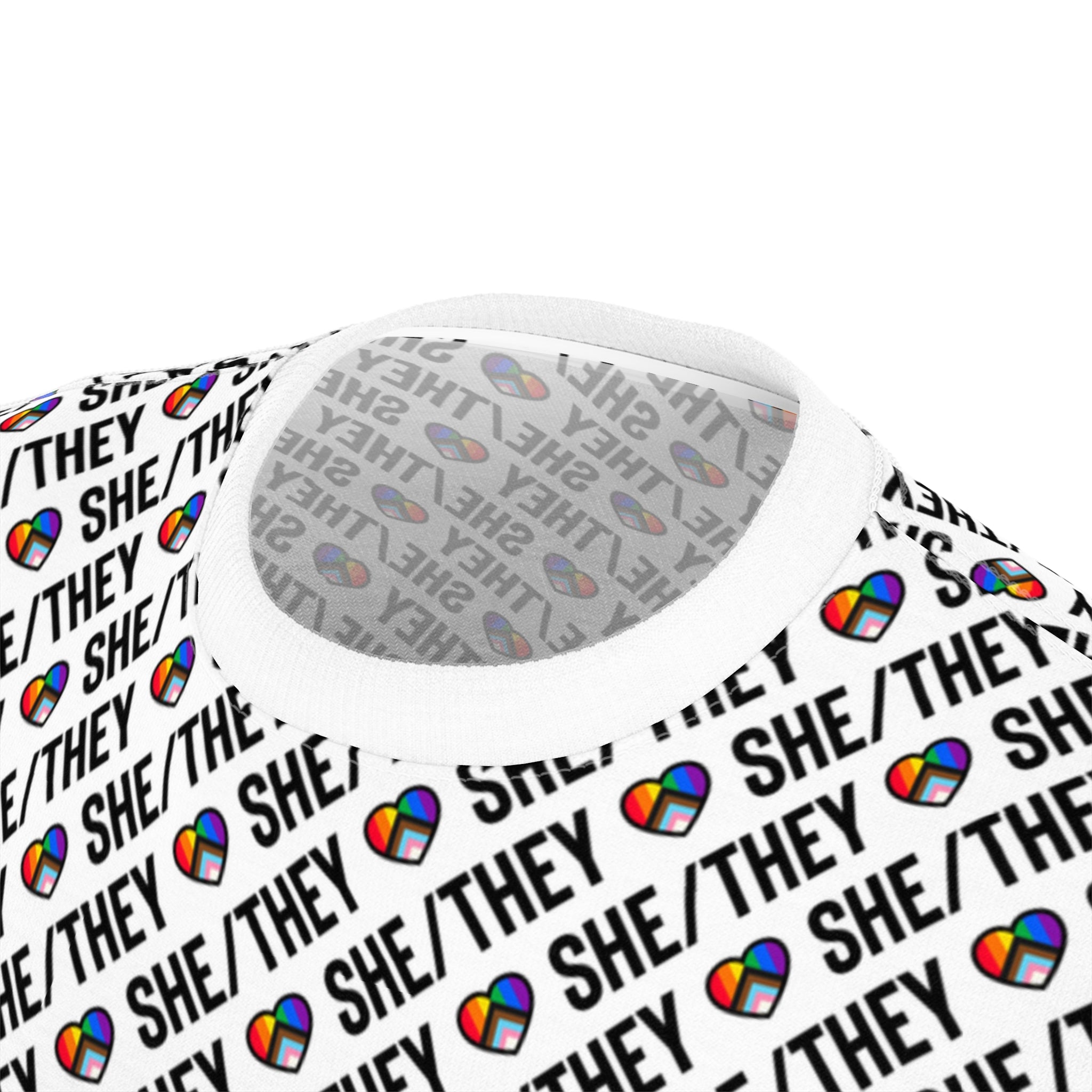 She/They Pride Pattern T-Shirt | All-Over Print Pronoun Tee