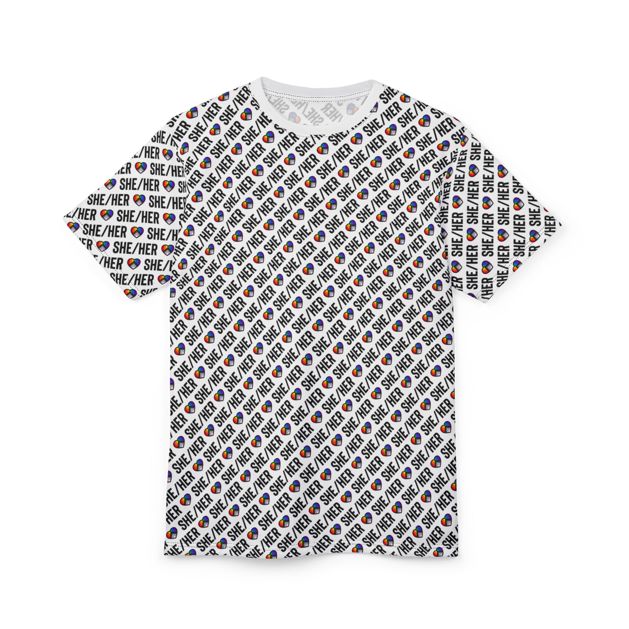 She/Her Pride Pattern T-Shirt | All-Over Print Pronoun Tee