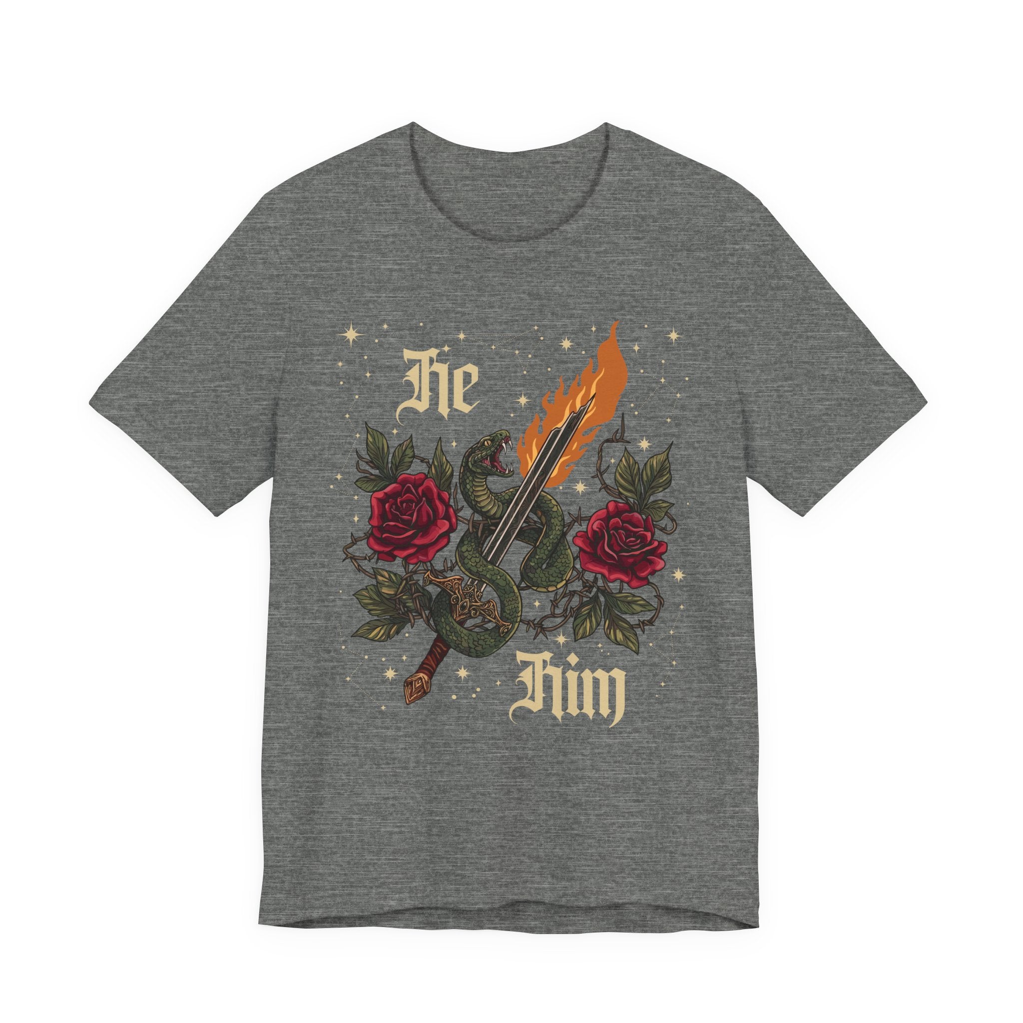 He/Him Gothic Tattoo T-Shirt | Bella+Canvas 3001 Pronoun Graphic Tee