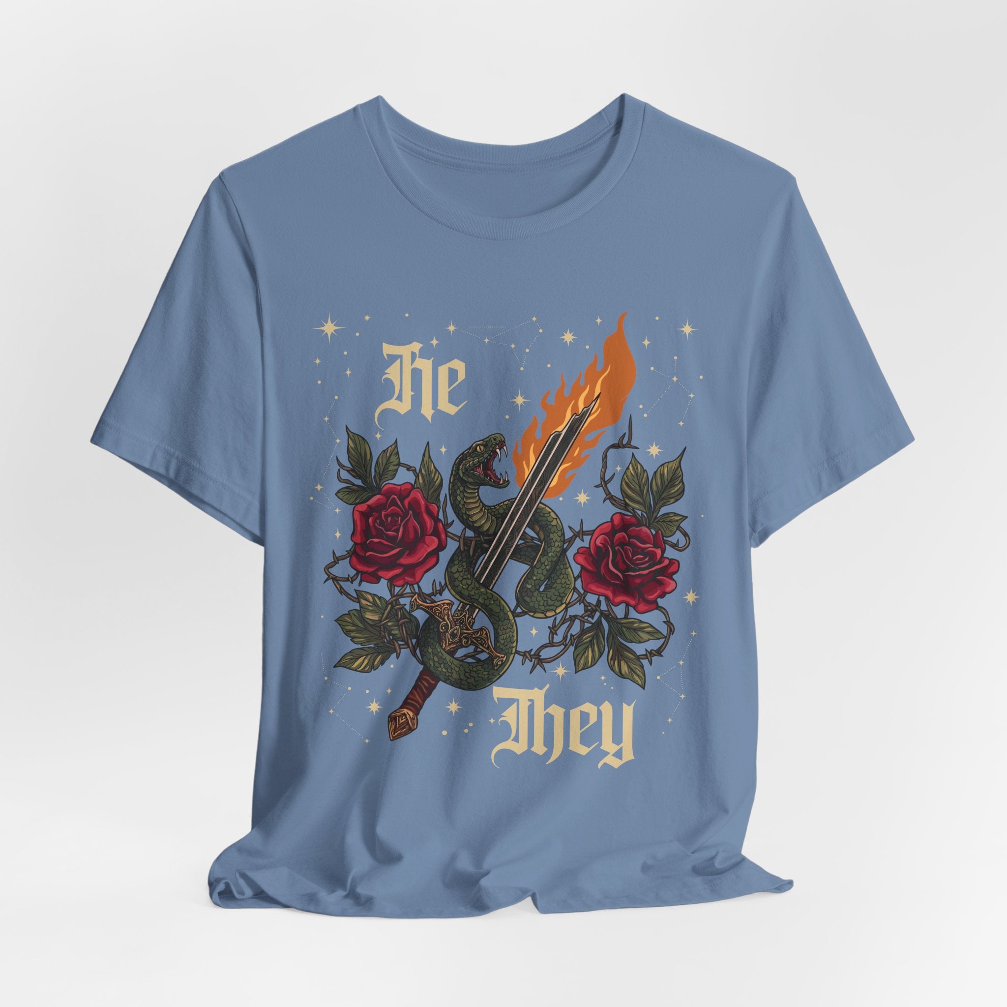 He/They Gothic Tattoo T-Shirt | Bella+Canvas 3001 Pronoun Graphic Tee