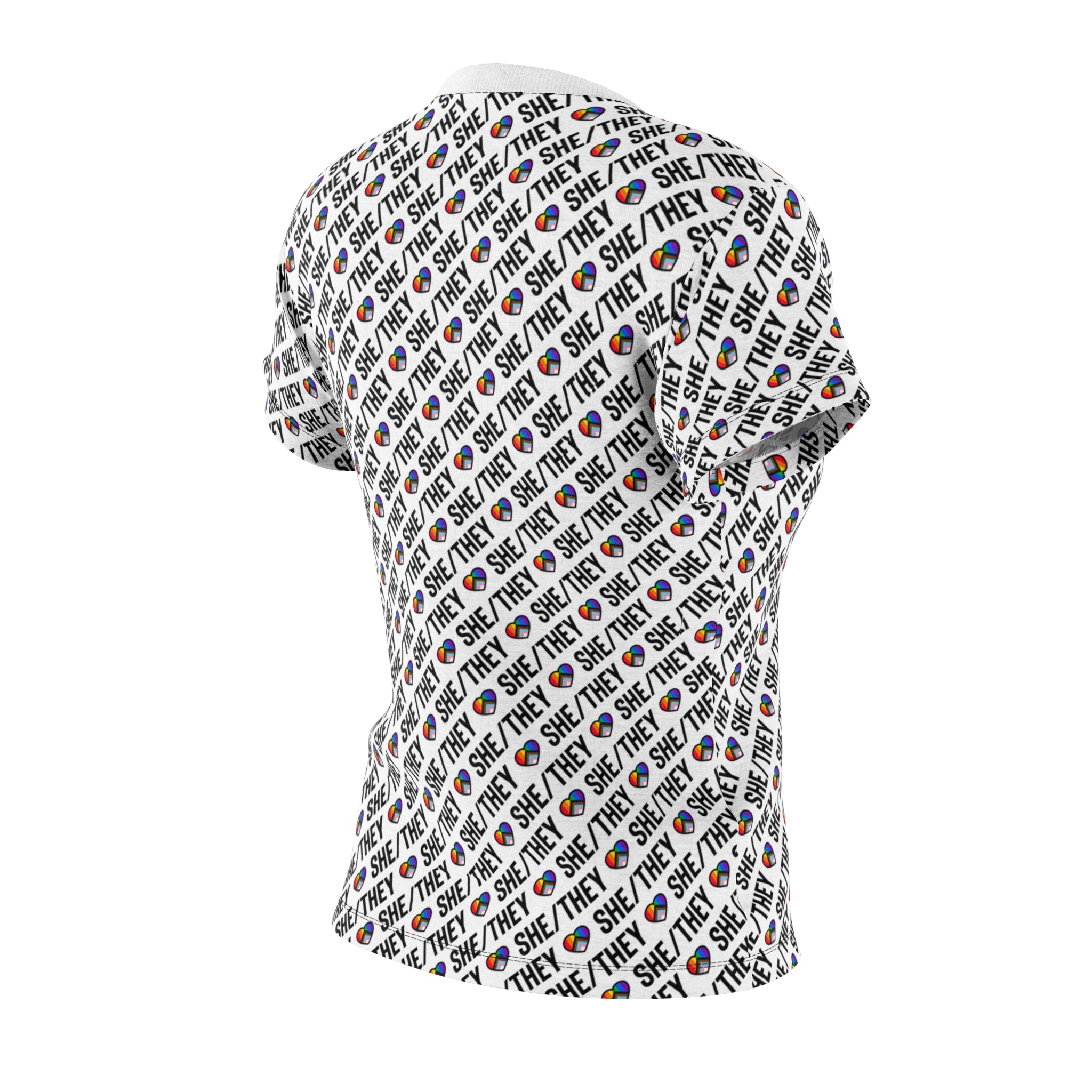 She/They Pride Pattern Women’s T-Shirt | All-Over Print Pronoun Tee
