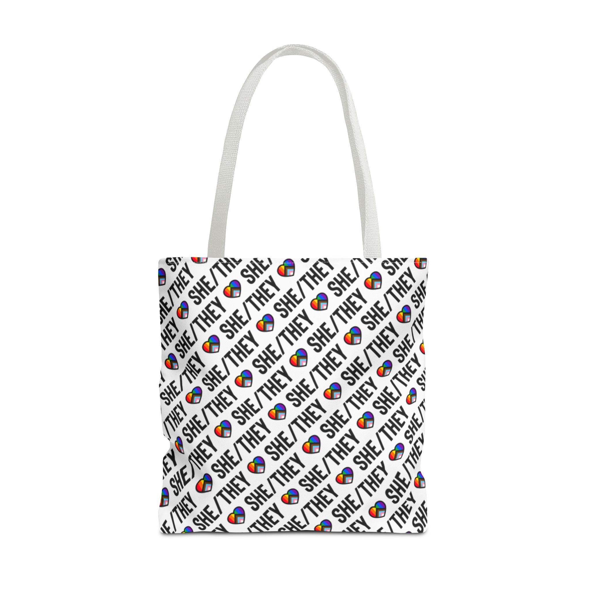 She/They Pride Pattern Tote Bag | All-Over Print Pronoun Carryall