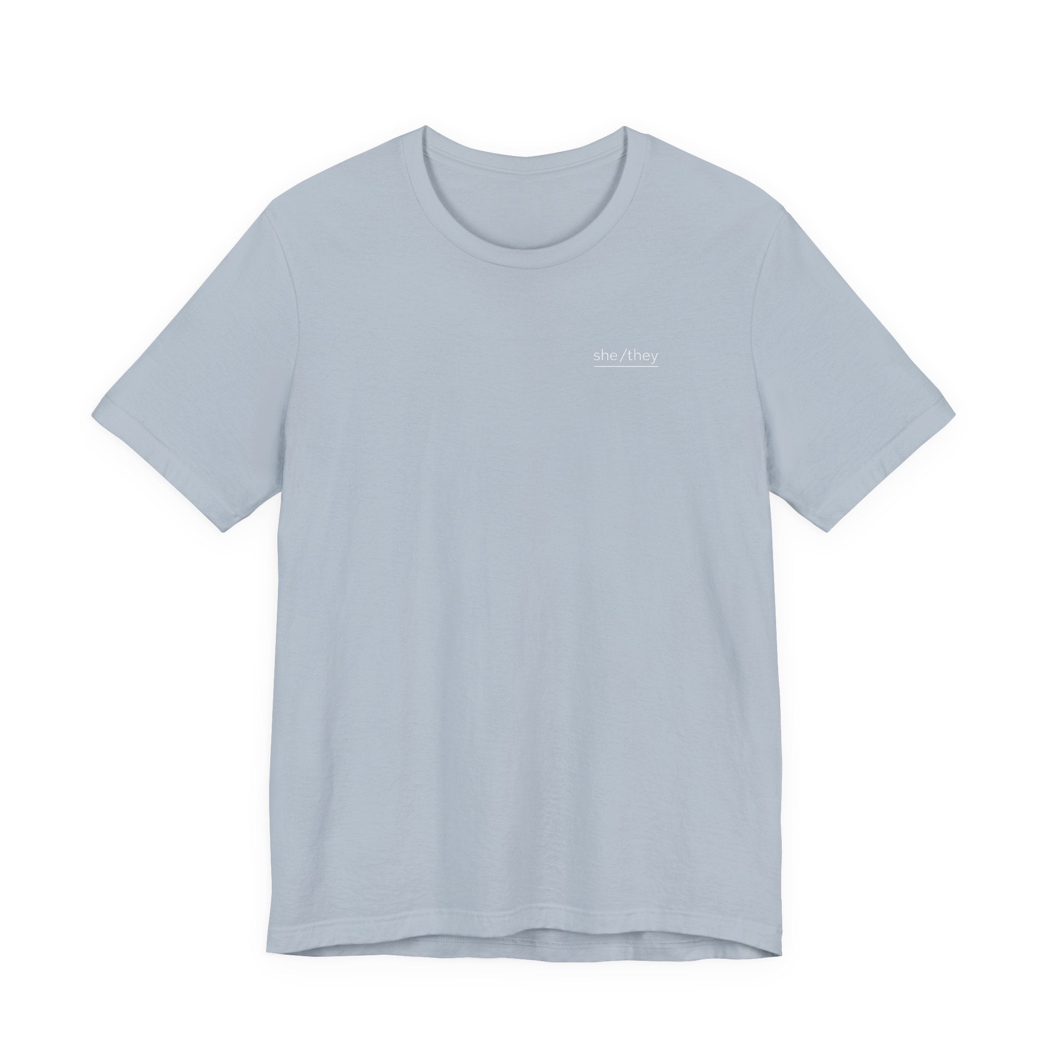 she/they Pronoun T-Shirt – Minimalist Underlined Chest Graphic Tee