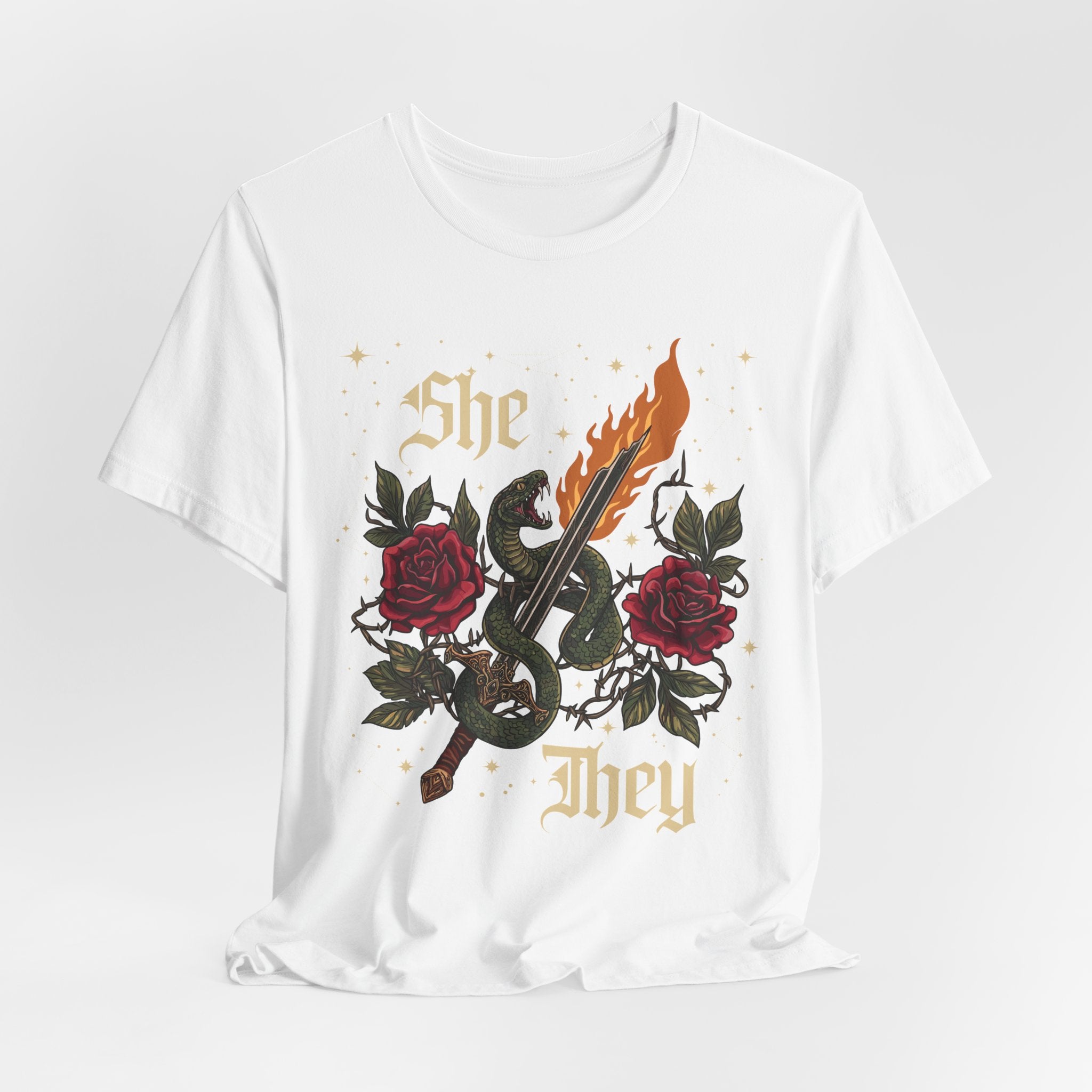 She/They Gothic Tattoo T-Shirt | Bella+Canvas 3001 Pronoun Graphic Tee