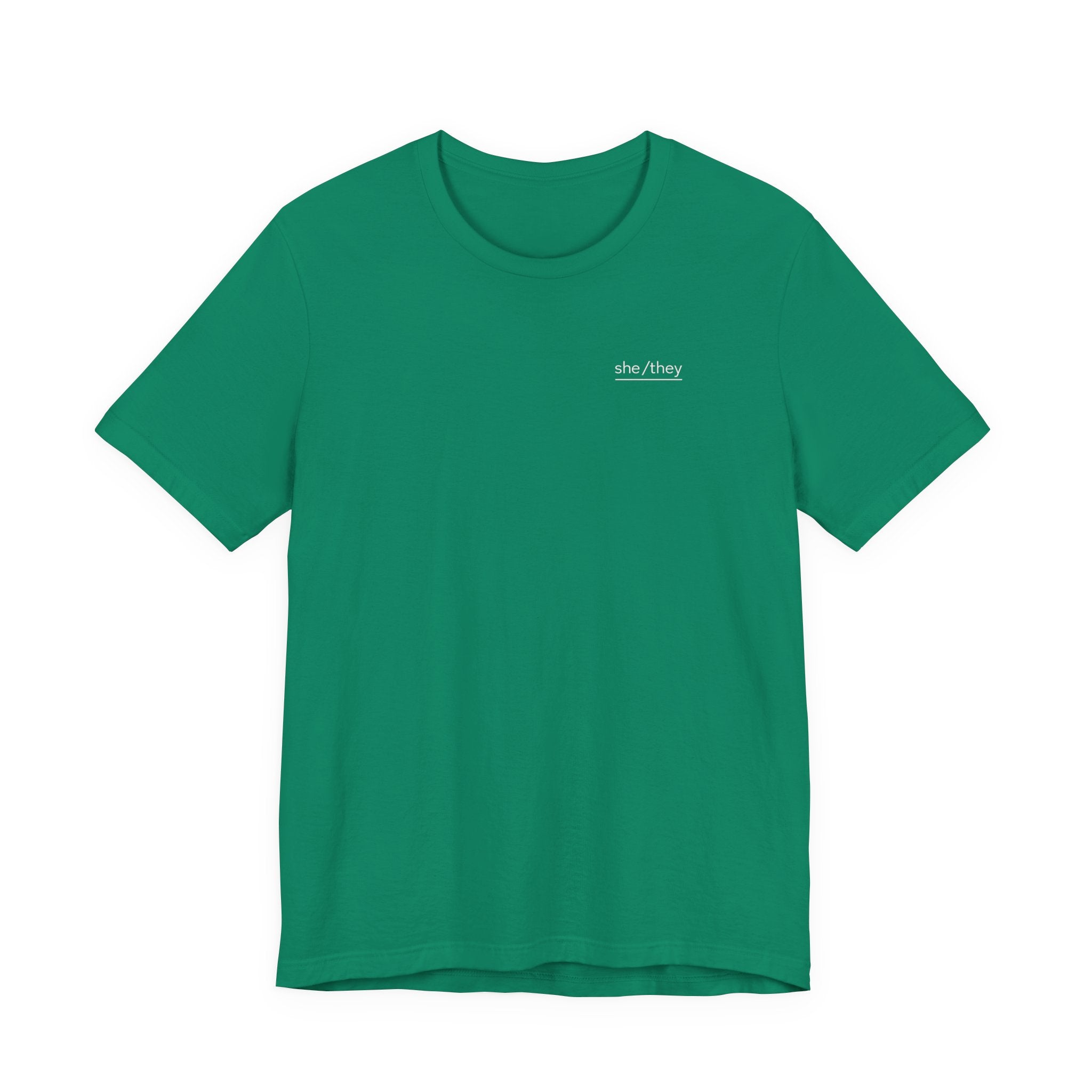 she/they Pronoun T-Shirt – Minimalist Underlined Chest Graphic Tee