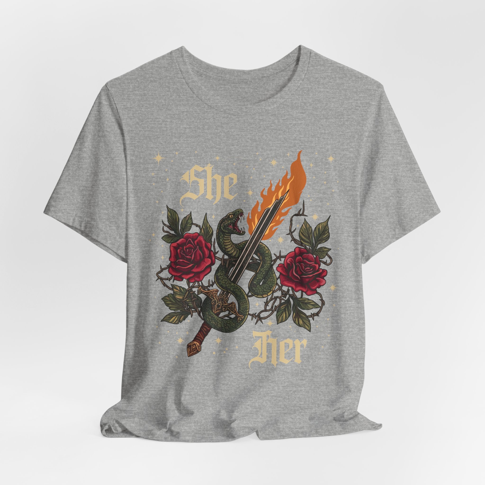 She/Her Gothic Tattoo T-Shirt | Bella+Canvas 3001 Pronoun Graphic Tee