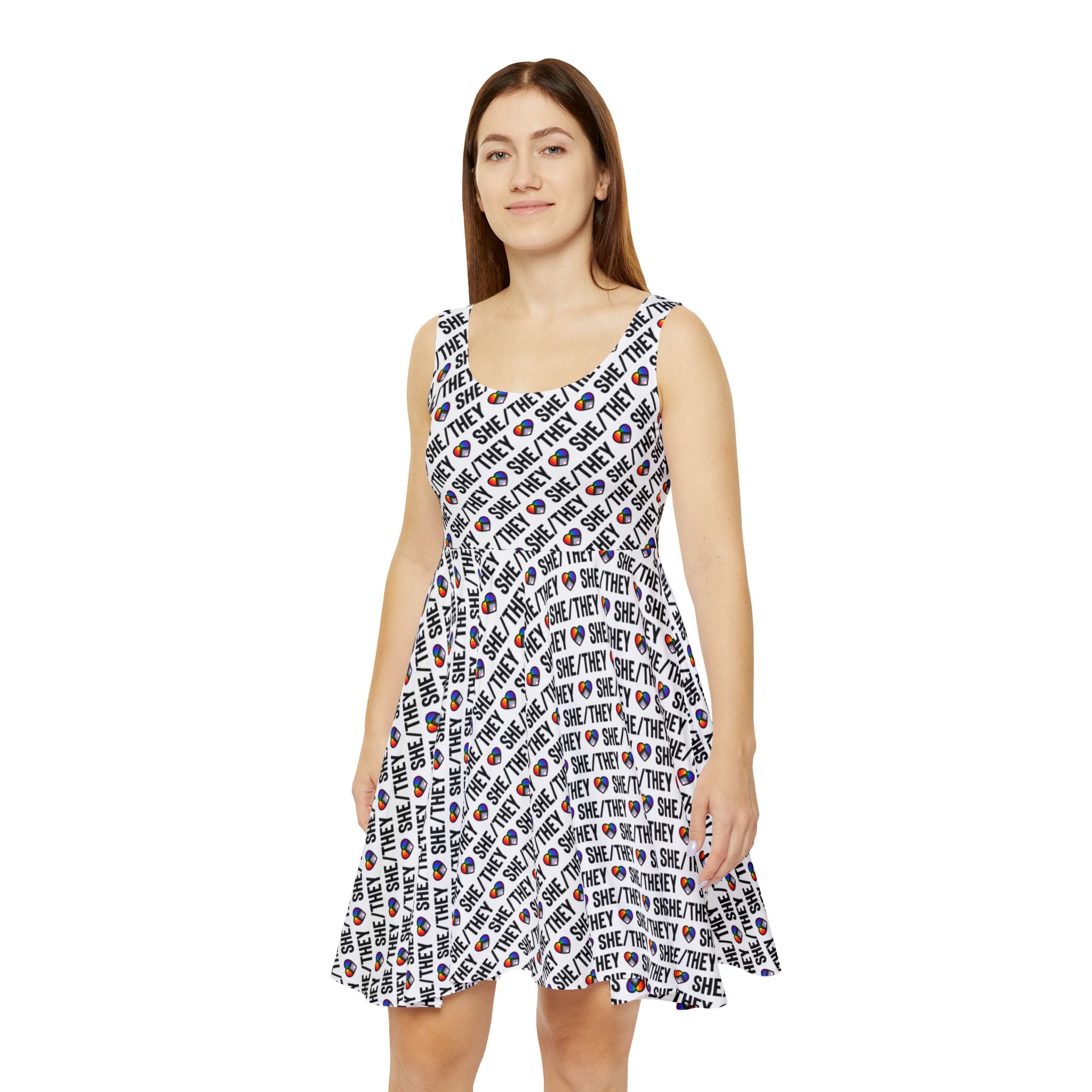 She/They Pride Pattern Skater Dress | All-Over Print Pronoun Dress