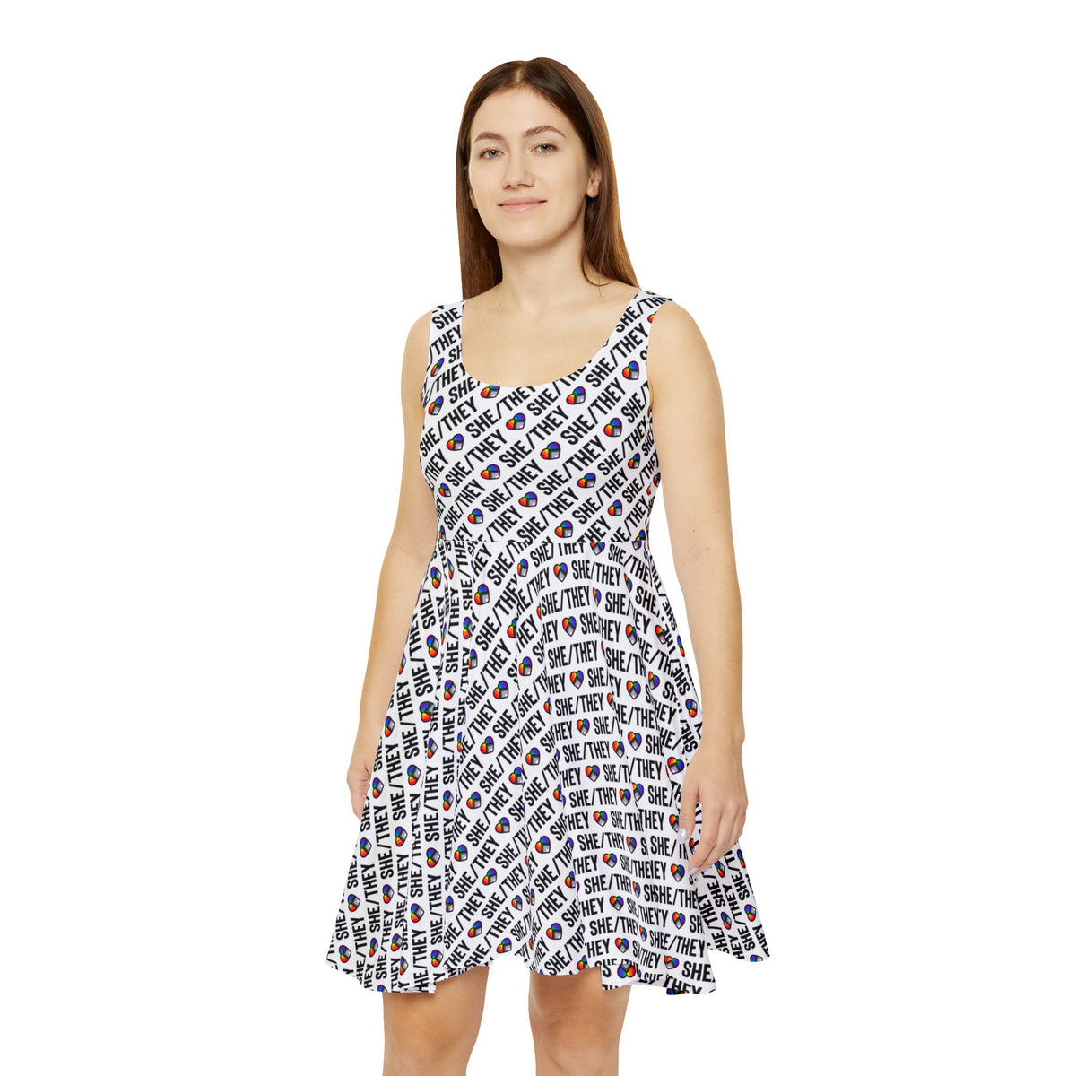 She/They Pride Pattern Skater Dress | All-Over Print Pronoun Dress