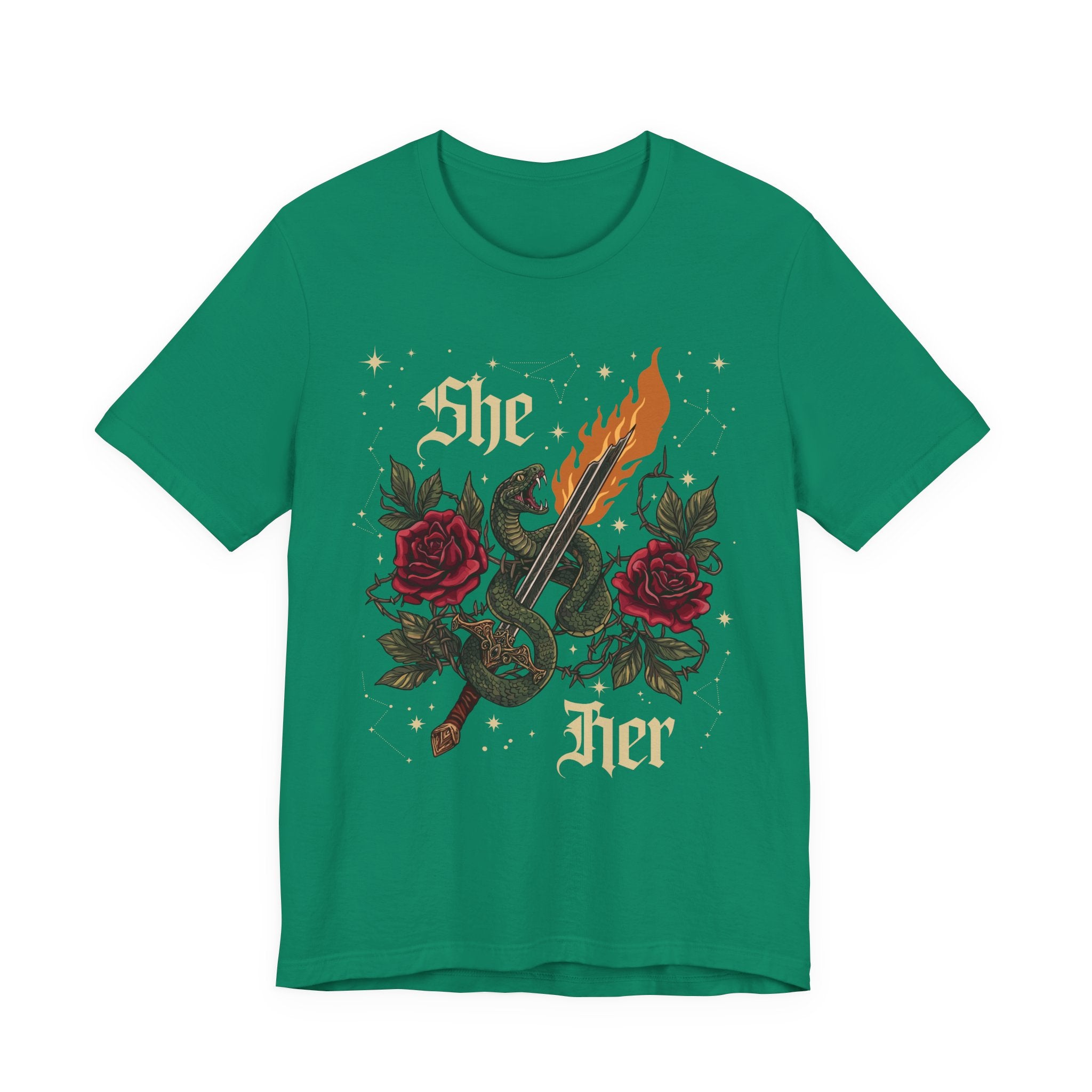 She/Her Gothic Tattoo T-Shirt | Bella+Canvas 3001 Pronoun Graphic Tee