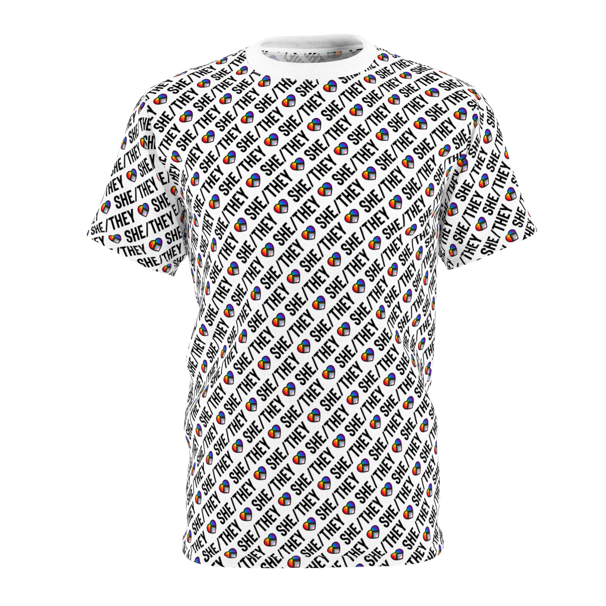 She/They Pride Pattern T-Shirt | All-Over Print Pronoun Tee
