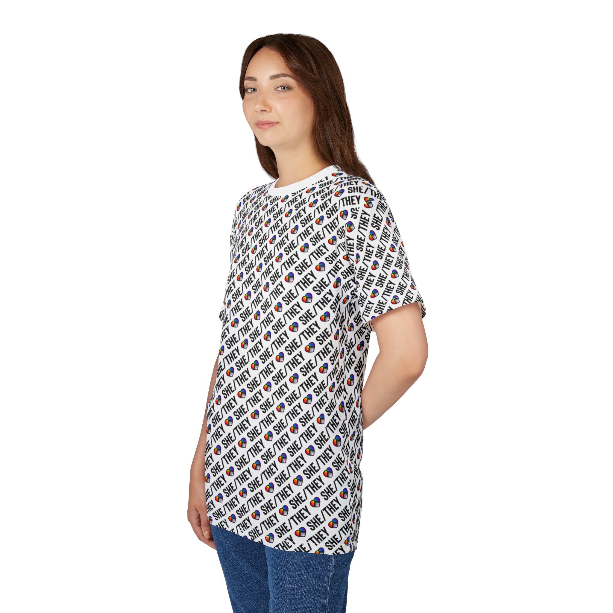 She/They Pride Pattern T-Shirt | All-Over Print Pronoun Tee