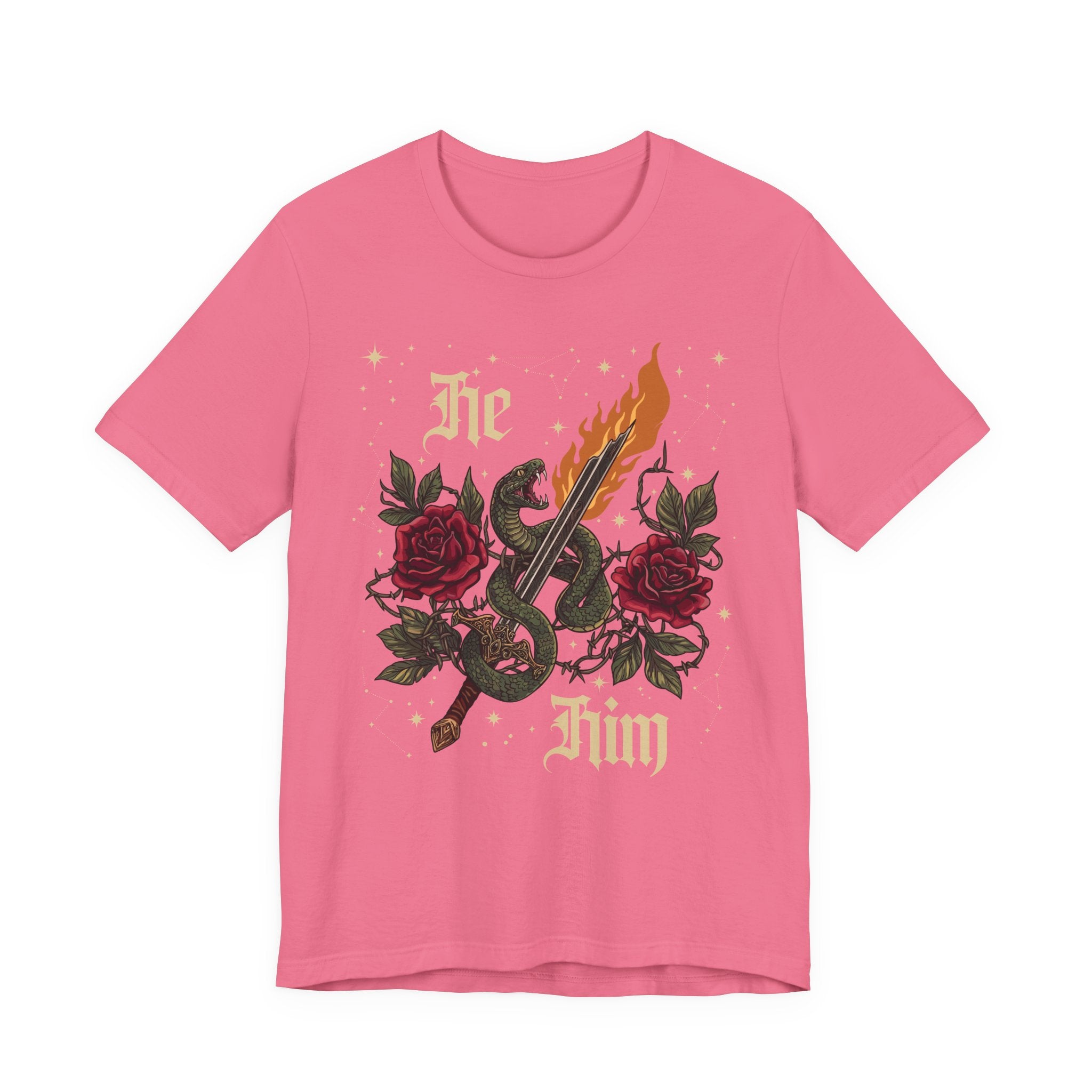 He/Him Gothic Tattoo T-Shirt | Bella+Canvas 3001 Pronoun Graphic Tee