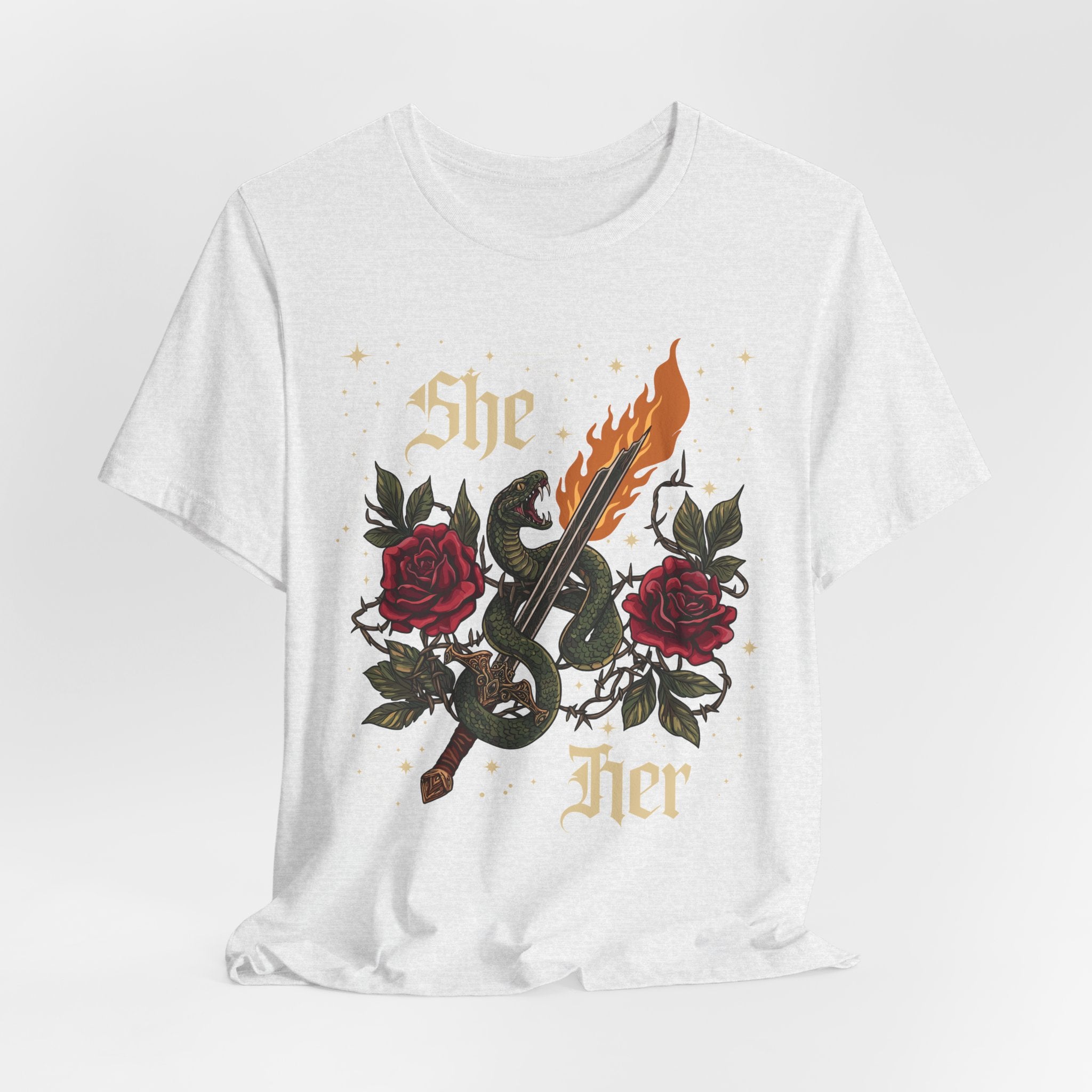 She/Her Gothic Tattoo T-Shirt | Bella+Canvas 3001 Pronoun Graphic Tee
