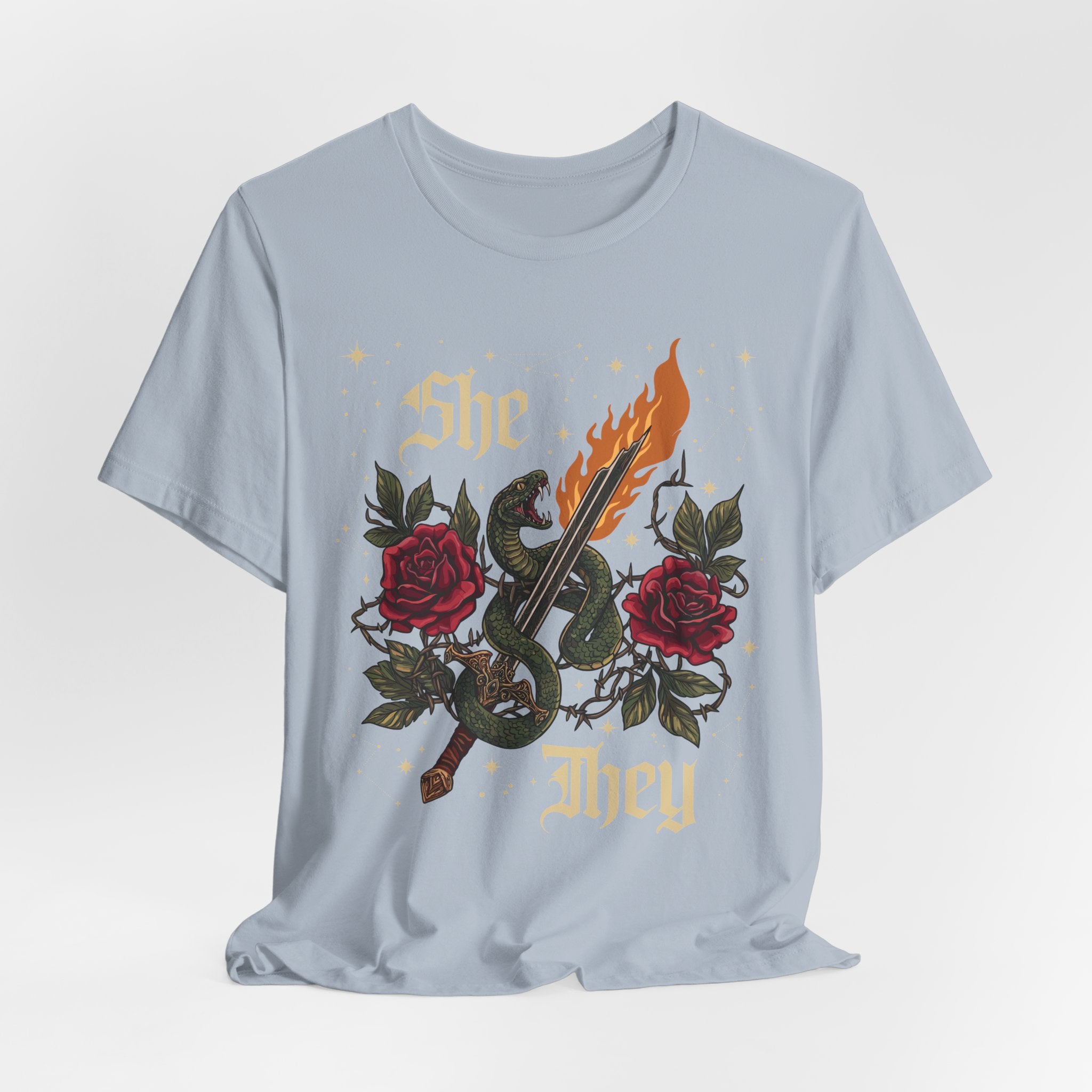 She/They Gothic Tattoo T-Shirt | Bella+Canvas 3001 Pronoun Graphic Tee