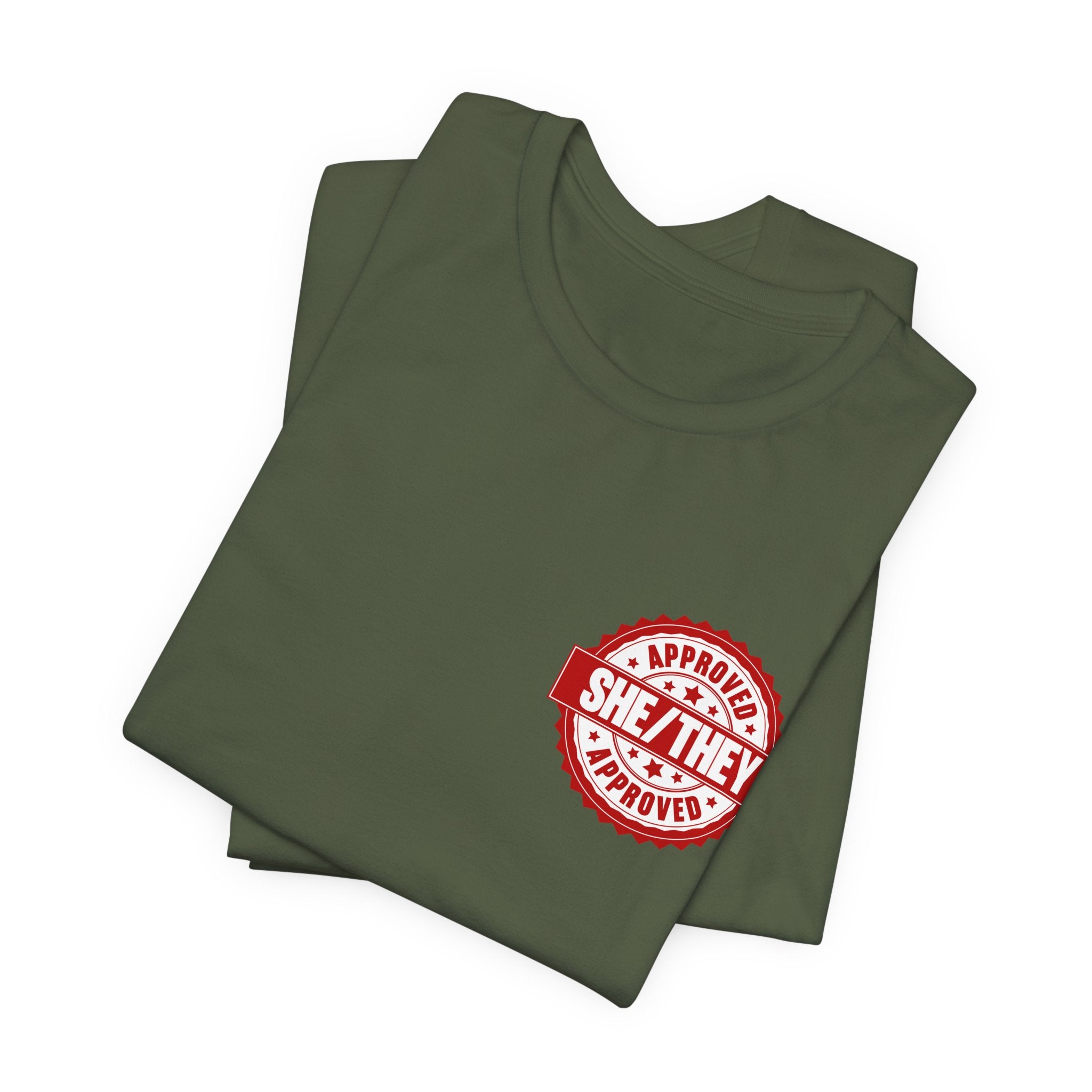 She/They Approved Stamp T-Shirt | Bella+Canvas 3001 Pronoun Graphic Tee