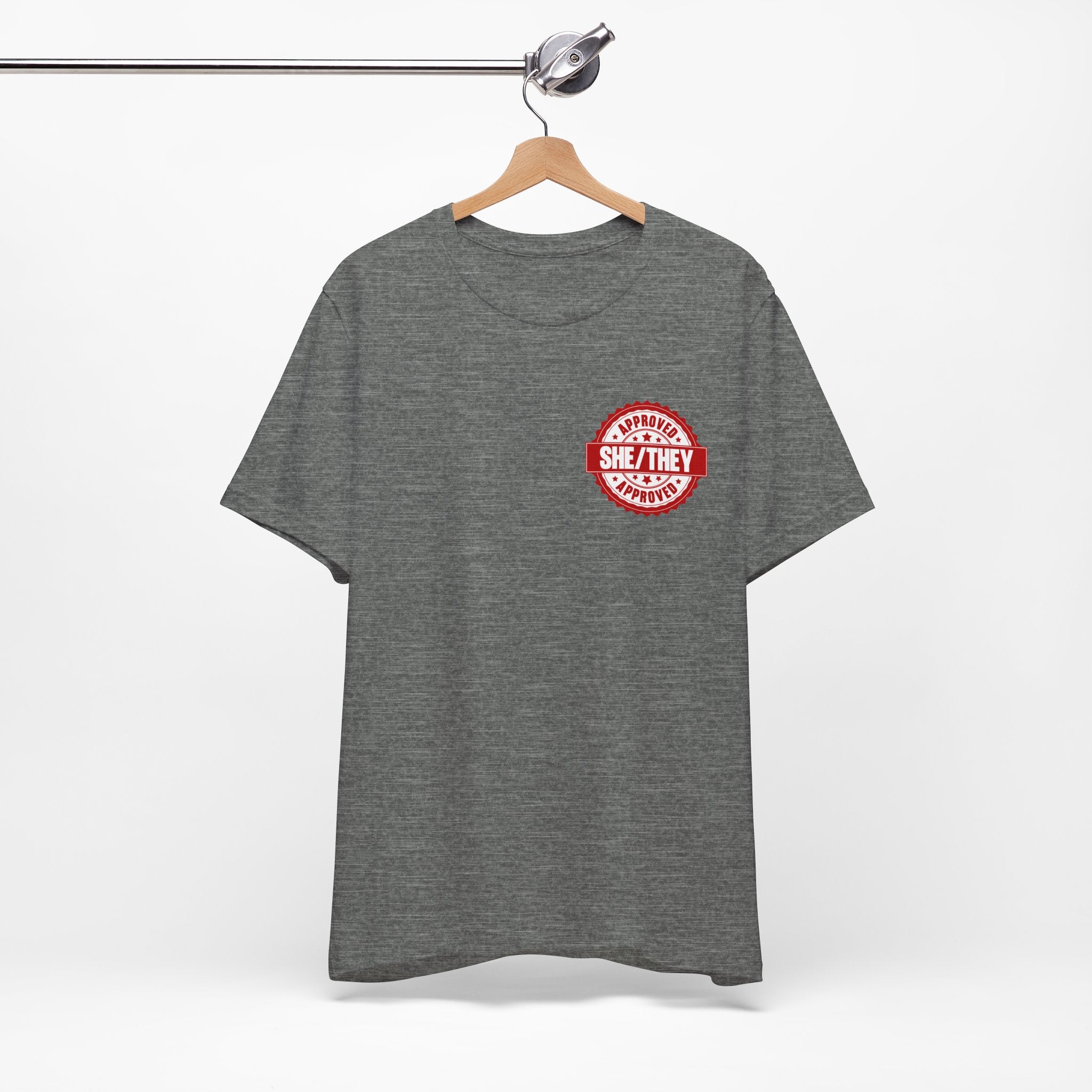 She/They Approved Stamp T-Shirt | Bella+Canvas 3001 Pronoun Graphic Tee