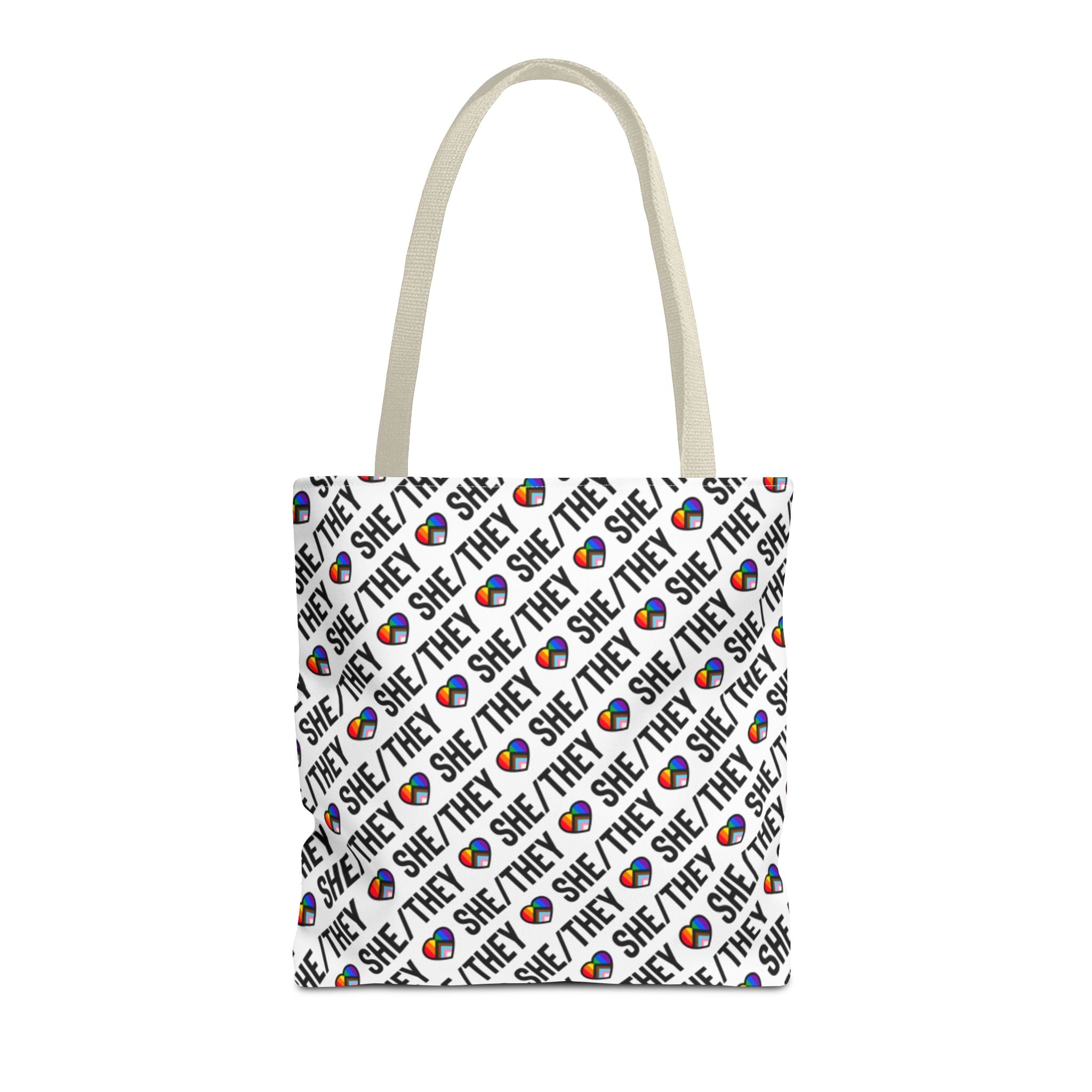 She/They Pride Pattern Tote Bag | All-Over Print Pronoun Carryall