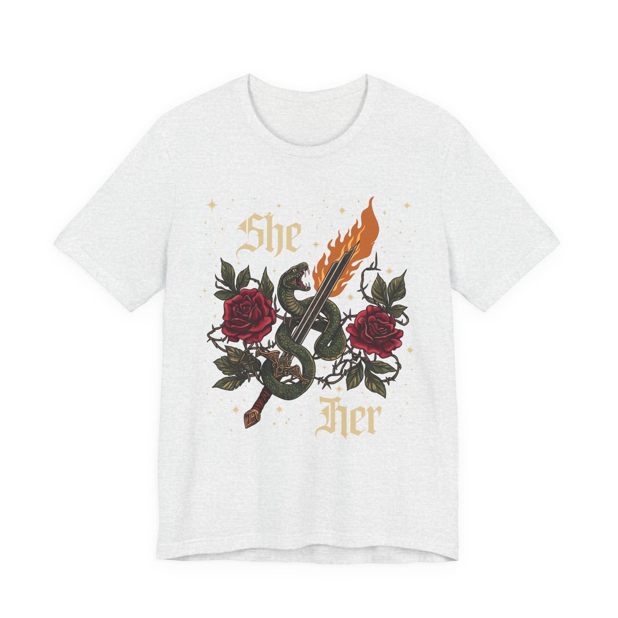She/Her Gothic Tattoo T-Shirt | Bella+Canvas 3001 Pronoun Graphic Tee