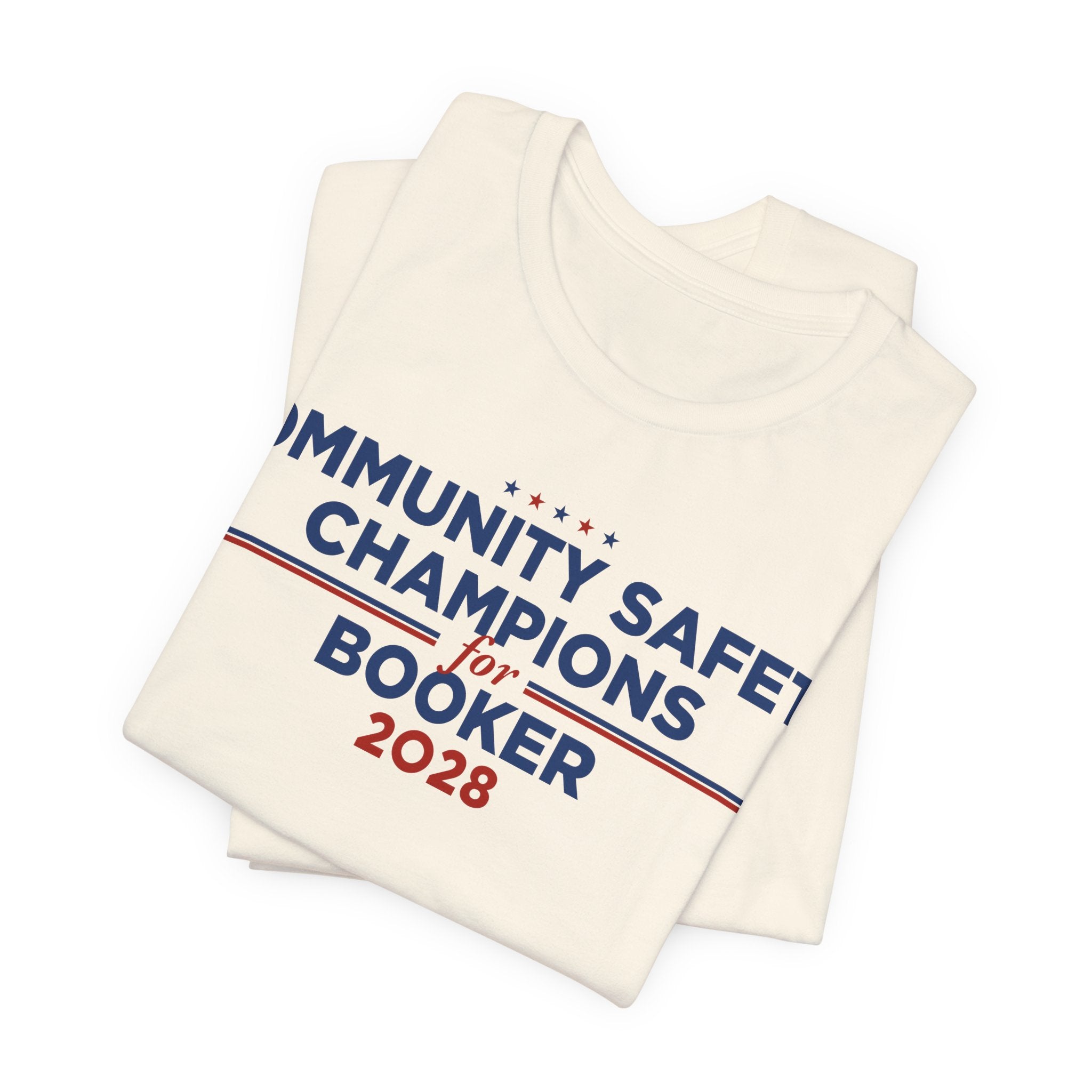 Community Safety Champions for Booker 2028 T-Shirt | Bella+Canvas 3001 Political Graphic Tee