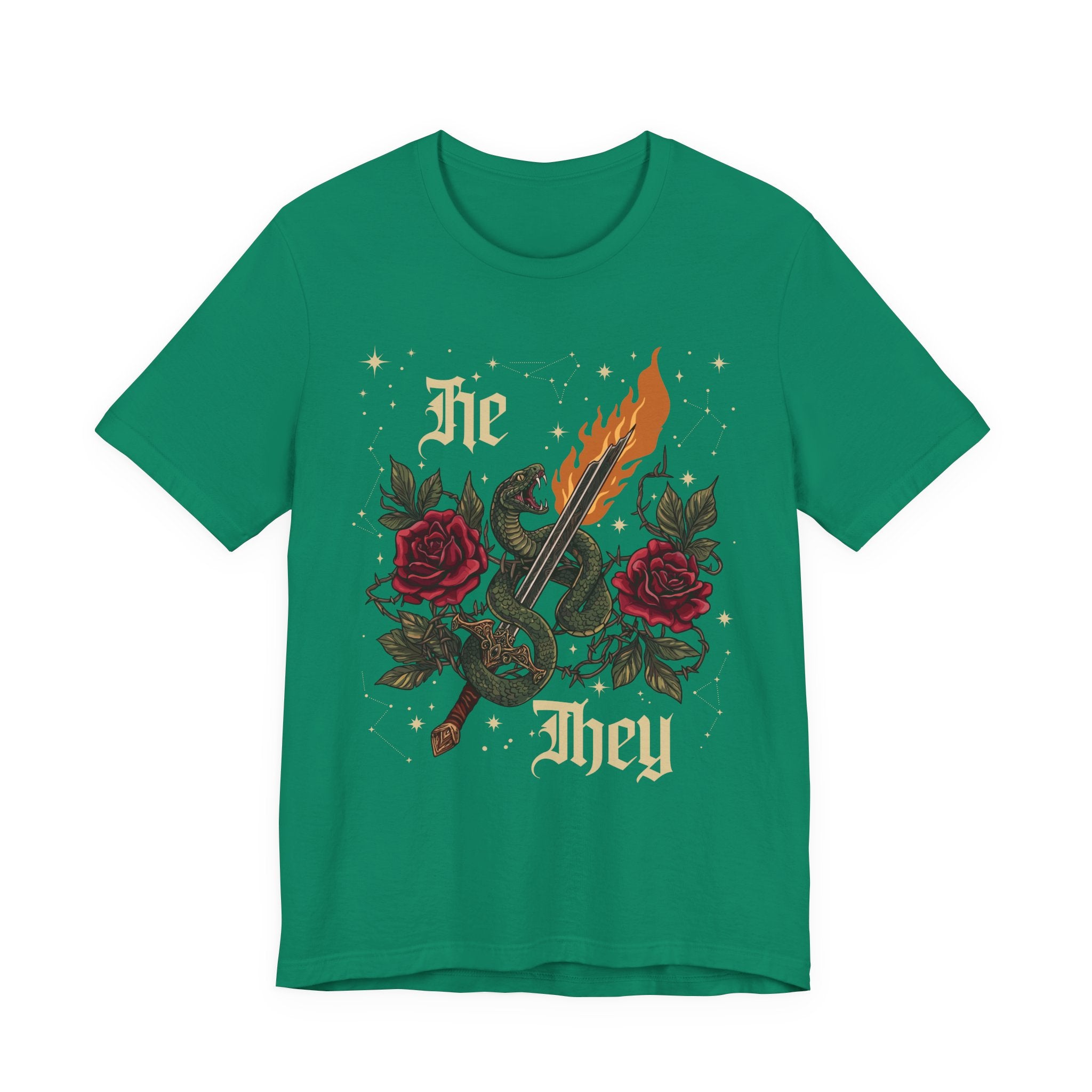 He/They Gothic Tattoo T-Shirt | Bella+Canvas 3001 Pronoun Graphic Tee