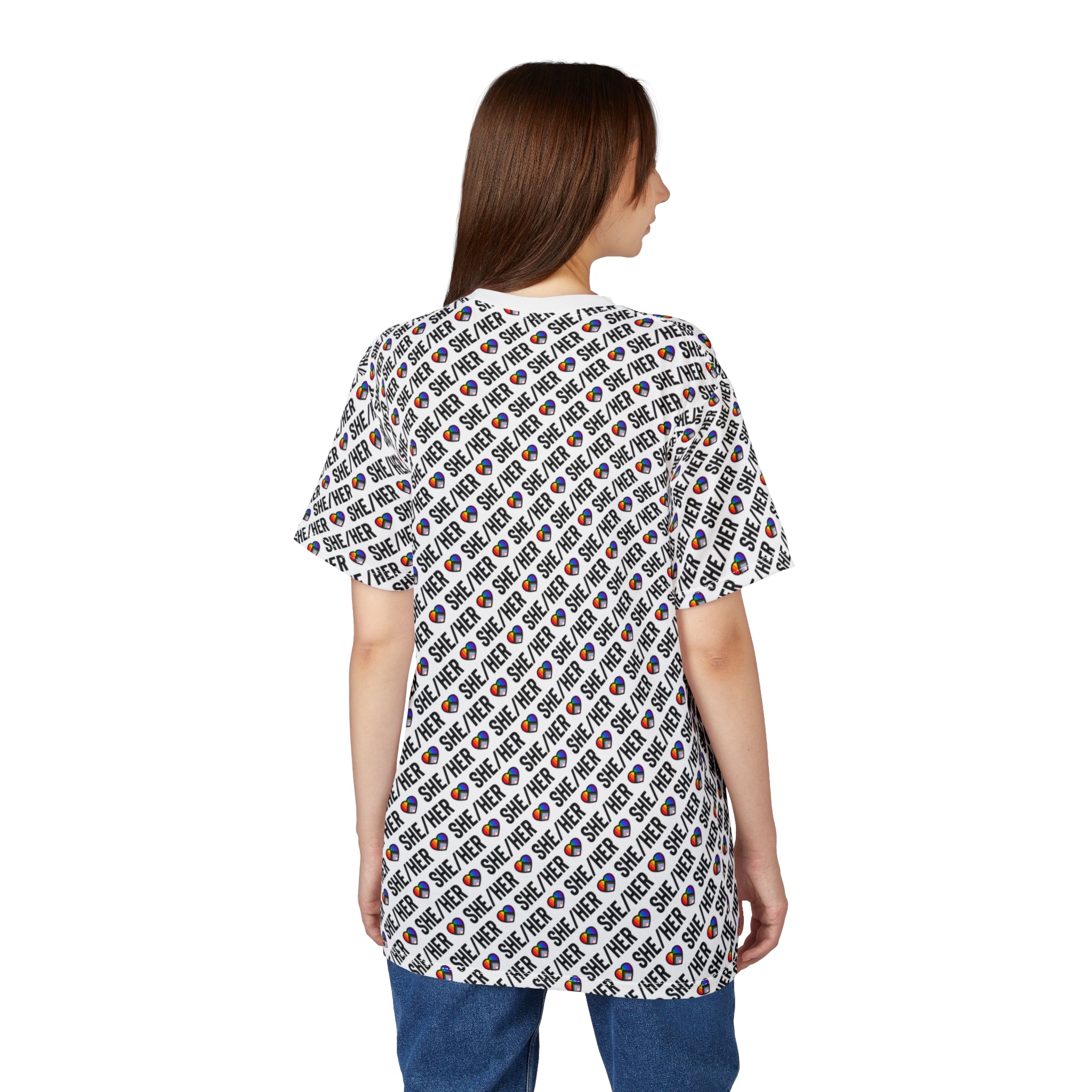 She/Her Pride Pattern T-Shirt | All-Over Print Pronoun Tee