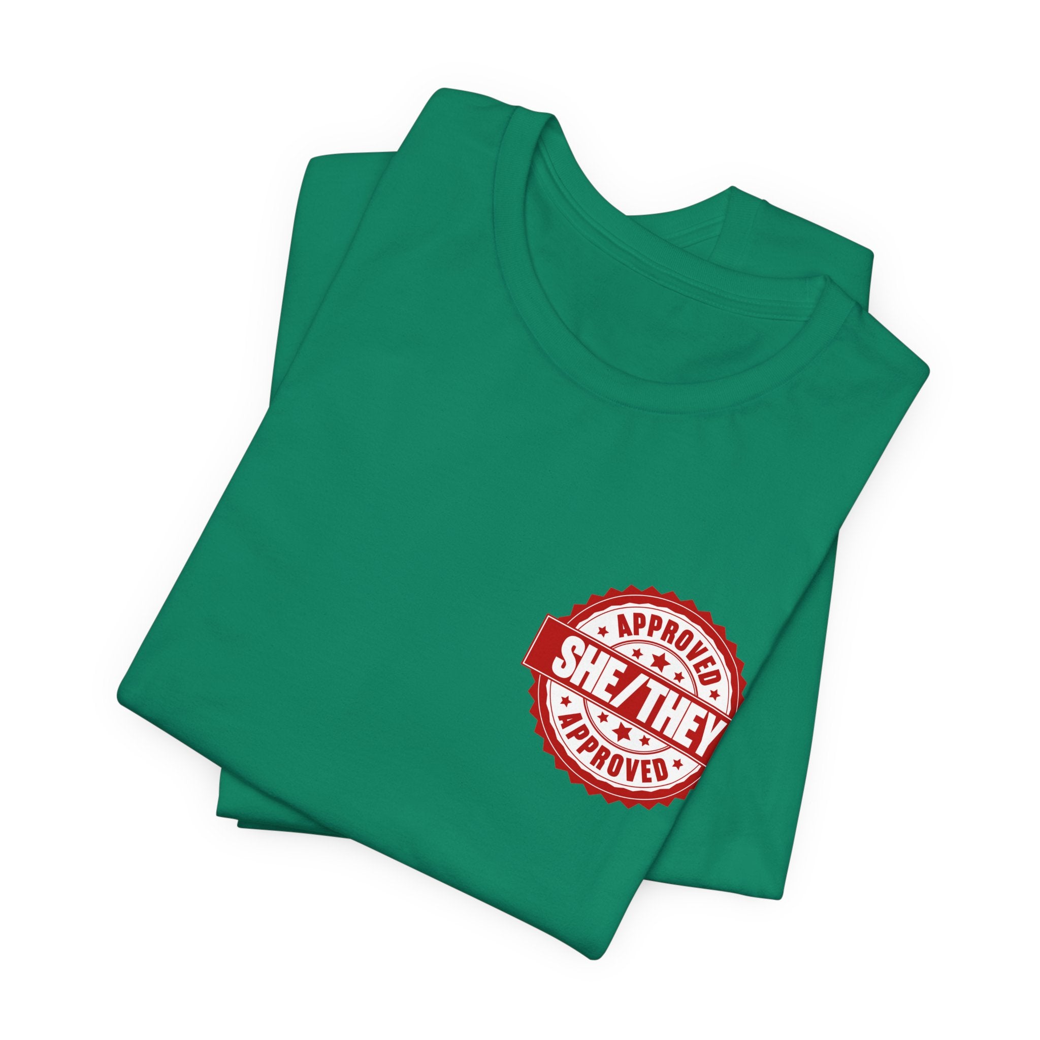 She/They Approved Stamp T-Shirt | Bella+Canvas 3001 Pronoun Graphic Tee