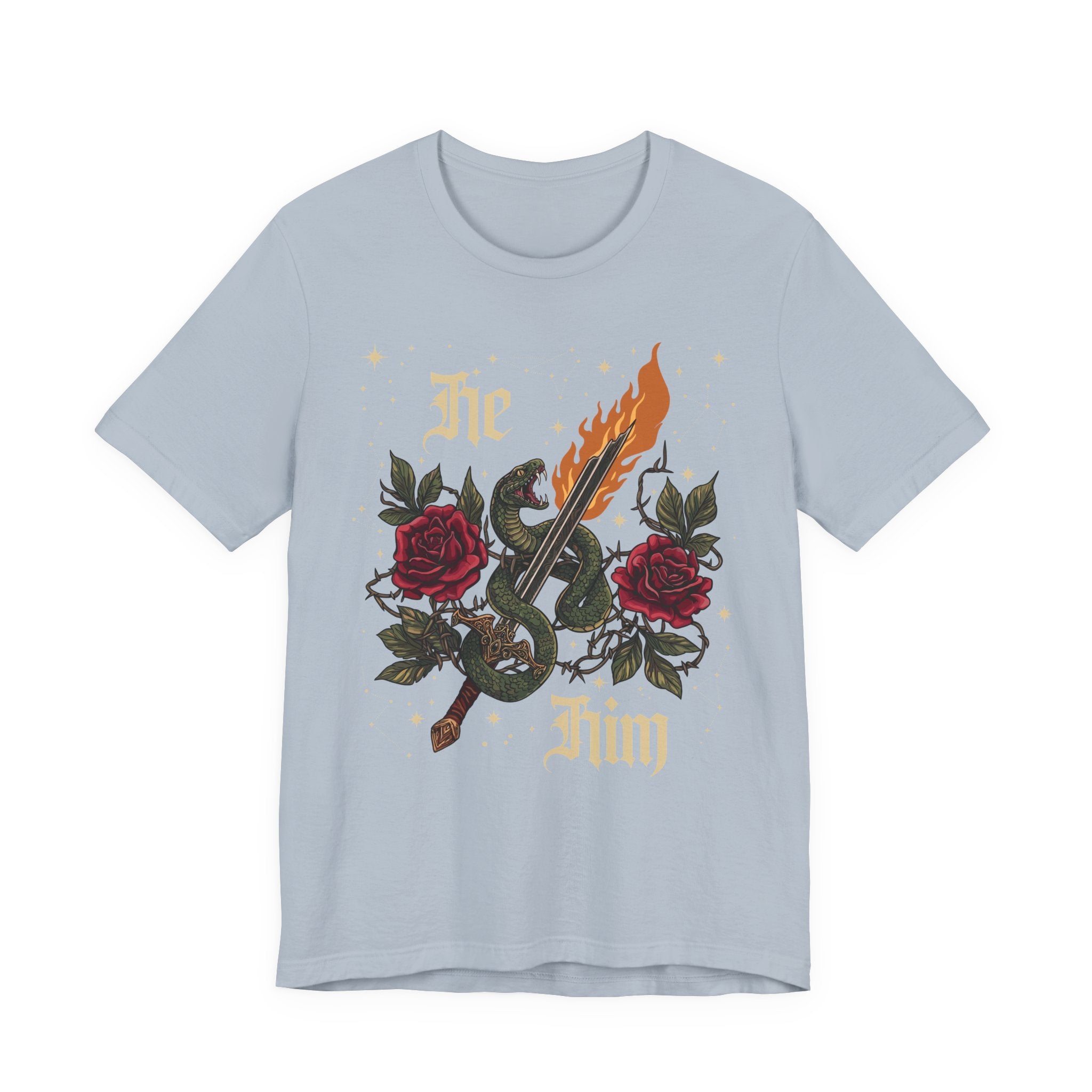 He/Him Gothic Tattoo T-Shirt | Bella+Canvas 3001 Pronoun Graphic Tee