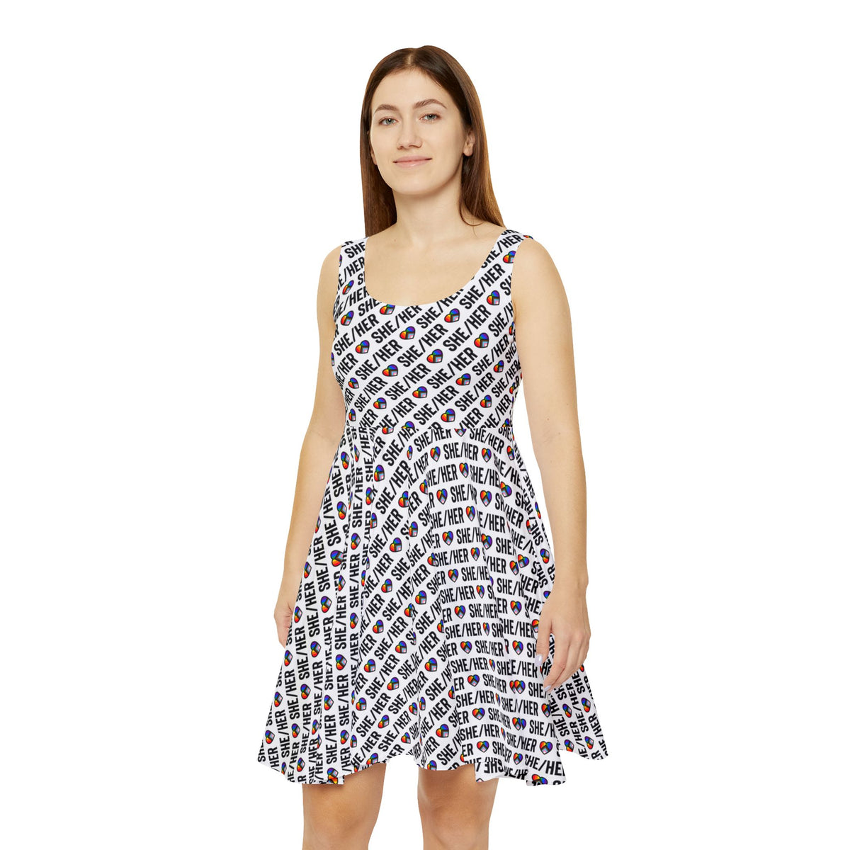 She/Her Pride Pattern Skater Dress | All-Over Print Pronoun Dress