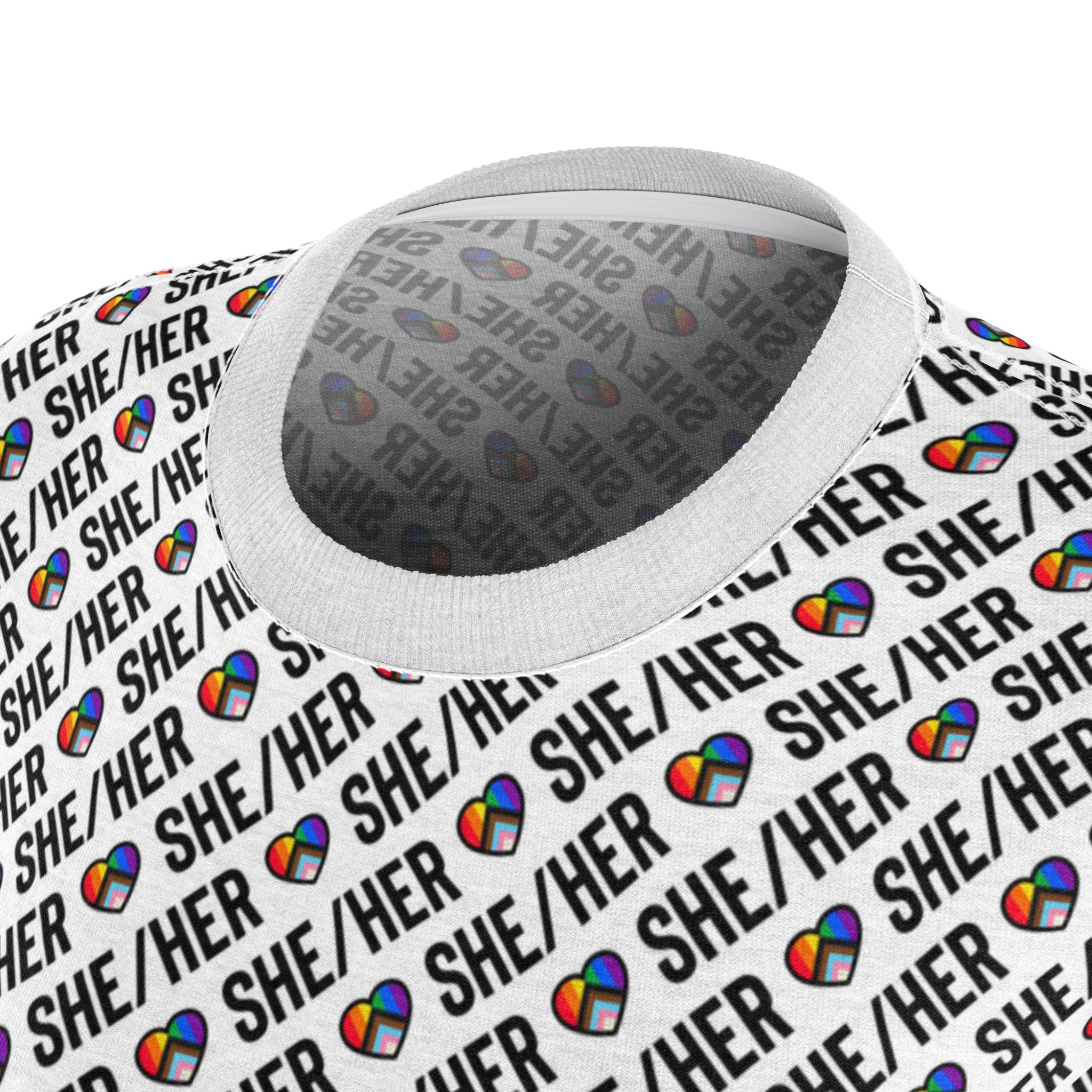 She/Her Pride Pattern Women’s T-Shirt | All-Over Print Pronoun Tee