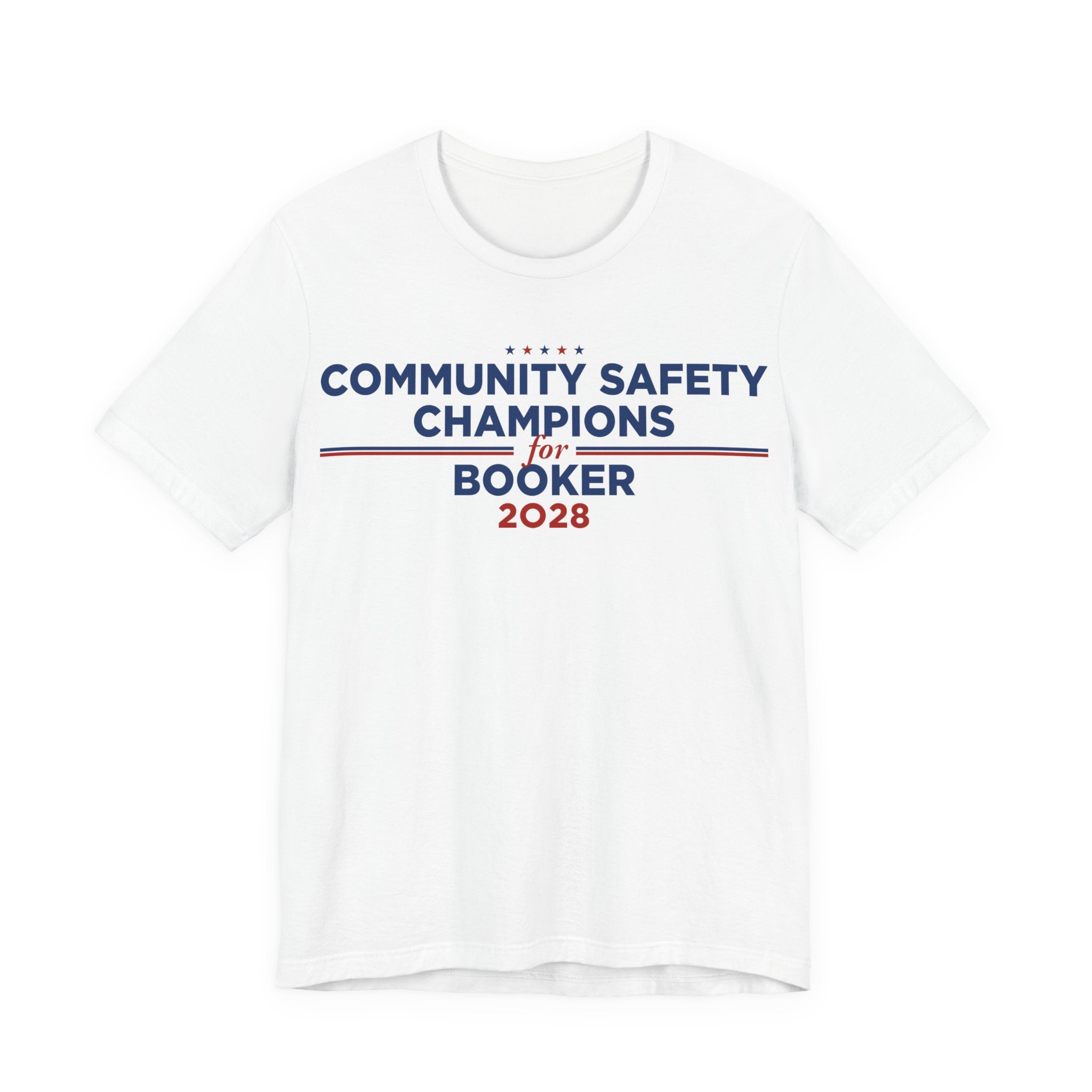 Community Safety Champions for Booker 2028 T-Shirt | Bella+Canvas 3001 Political Graphic Tee